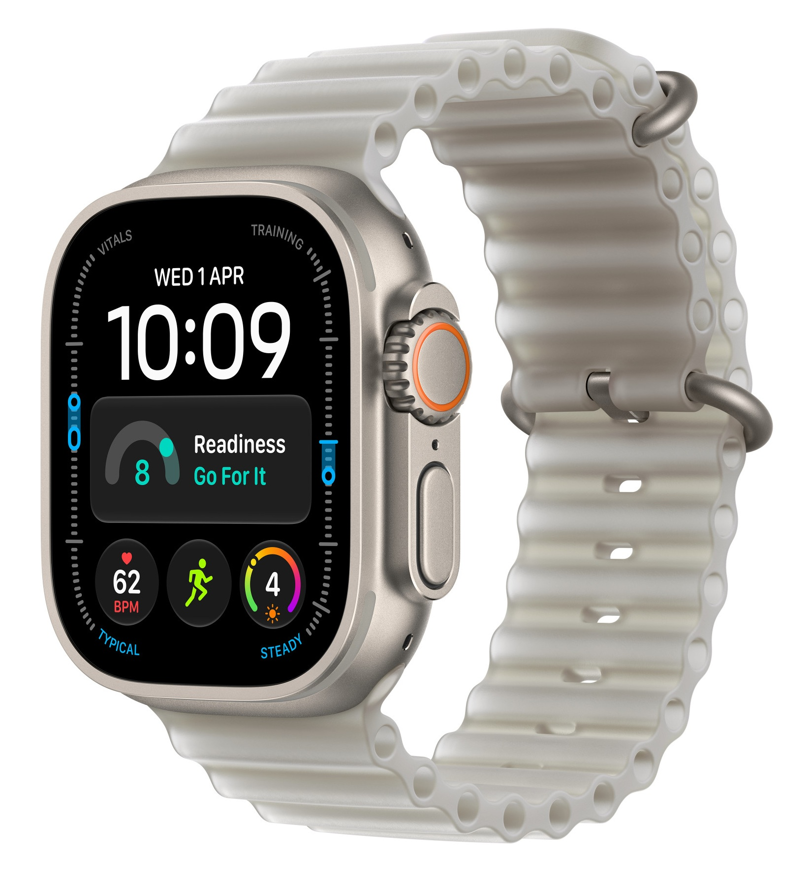 Apple Watch Ultra z beżowym paskiem w prążki i cyfrową tarczą na białym tle.