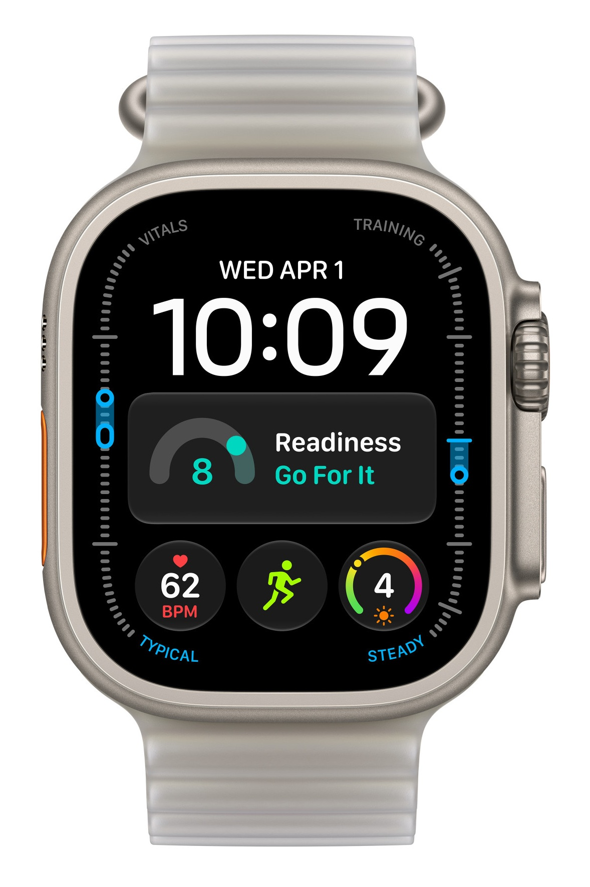 Smartwatch z cyfrową tarczą wyświetlającą godzinę, tętno i statystyki kondycyjne.