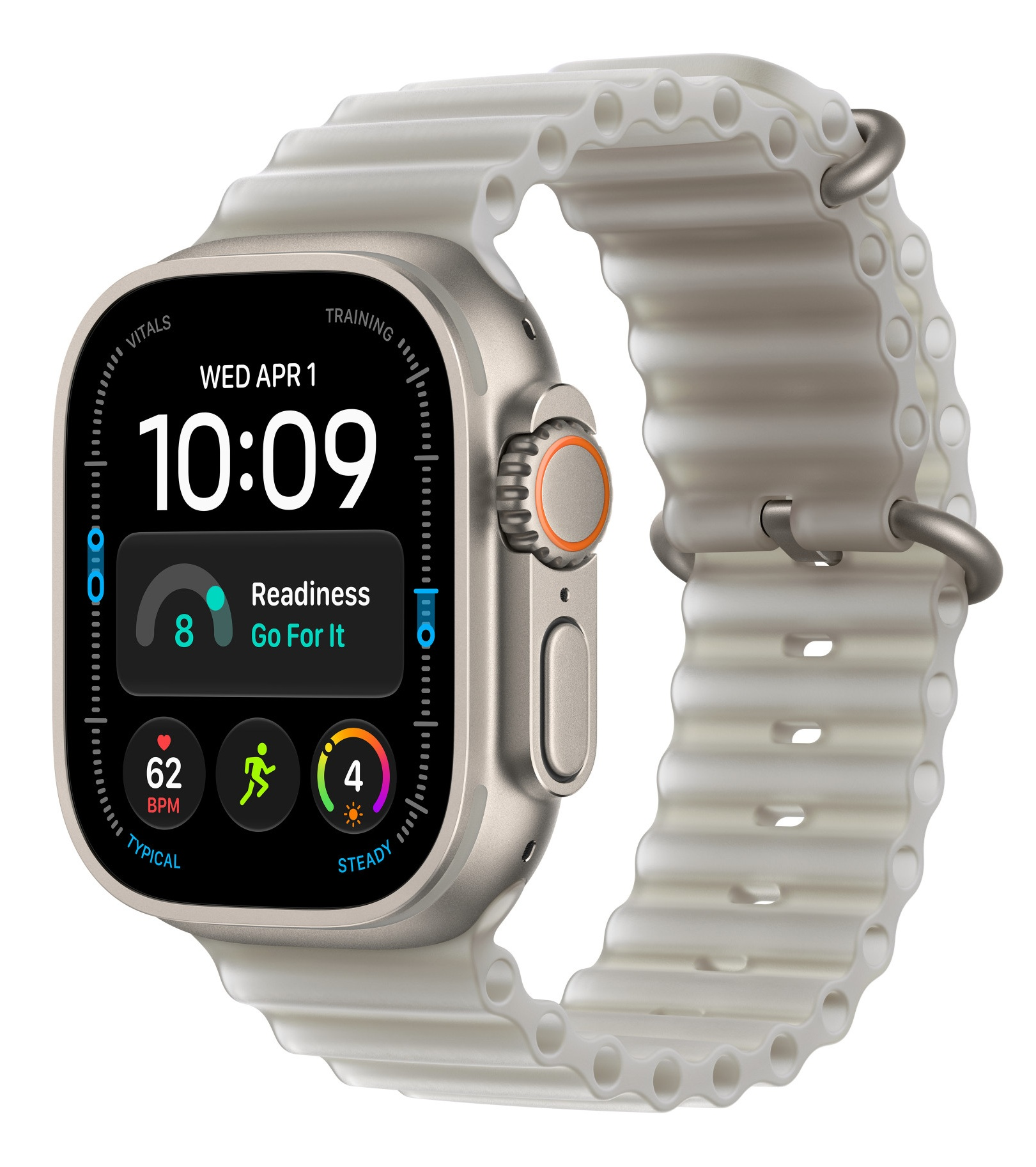 Smartwatch z tytanową kopertą i białym paskiem silikonowym wyświetla godzinę, gotowość i tętno.