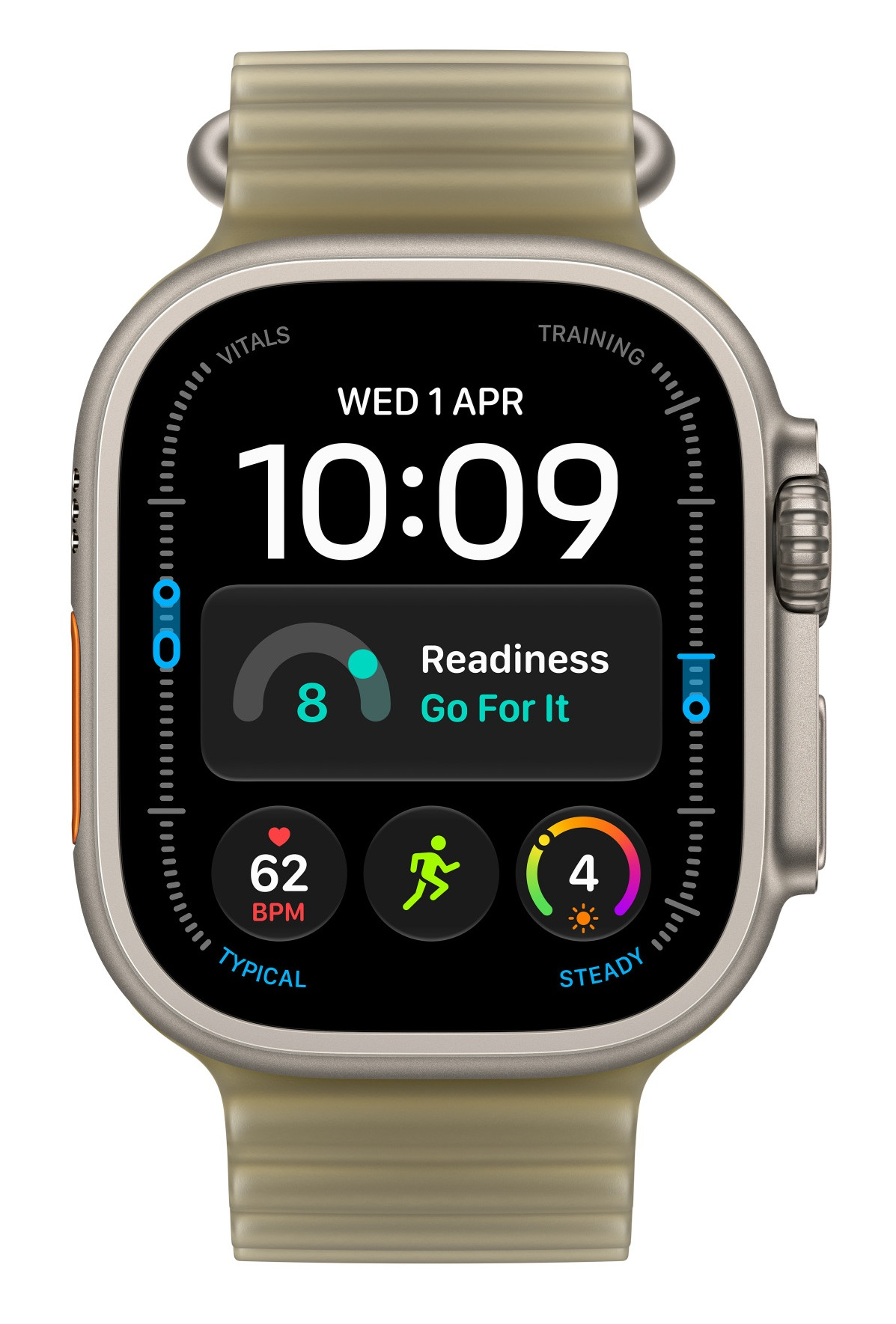Smartwatch z cyfrowym wyświetlaczem pokazującym godzinę 10:09, tętno i gotowość do treningu.