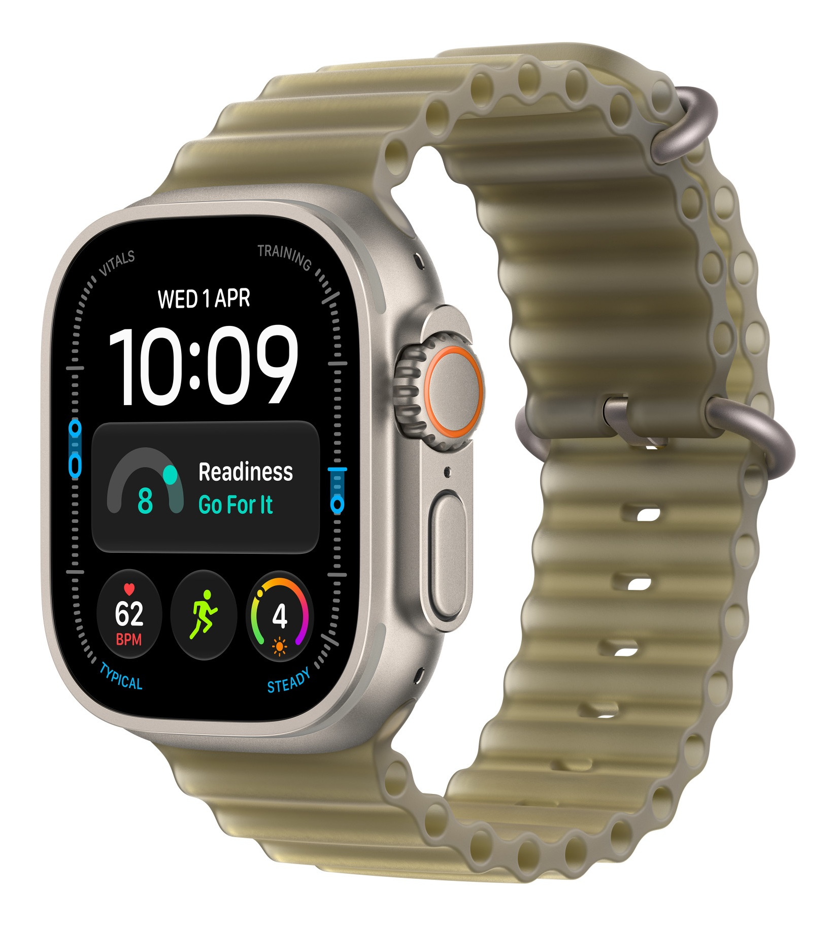 Smartwatch z beżową kopertą i żebrowanym oliwkowozielonym silikonowym paskiem wyświetlający dane.