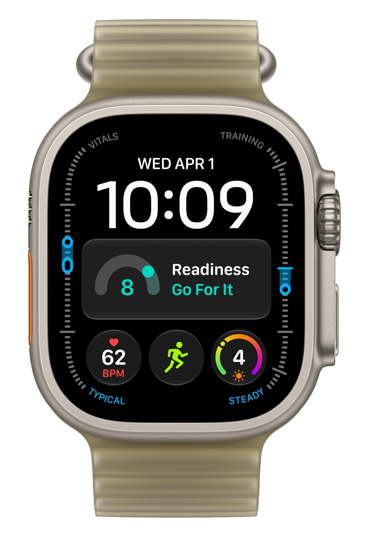 Smartwatch z cyfrowym wyświetlaczem pokazującym czas, tętno i gotowość do treningu.