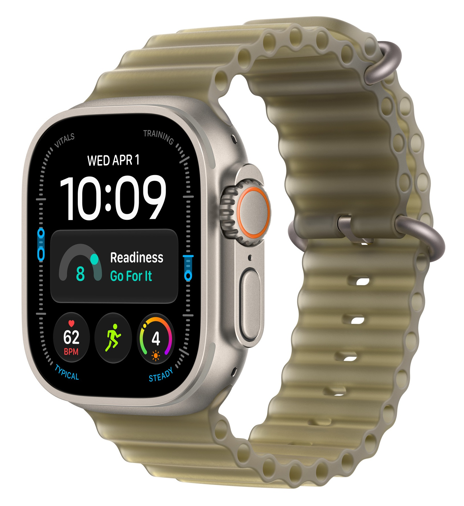 Smartwatch z tytanową kopertą, cyfrową tarczą i oliwkowym, perforowanym silikonowym paskiem na białym tle.