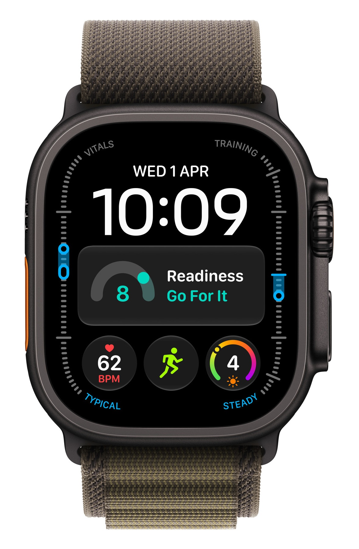 Czarny smartwatch z oliwkowym paskiem z tkaniny pokazuje godzinę, tętno i gotowość do treningu na ekranie.