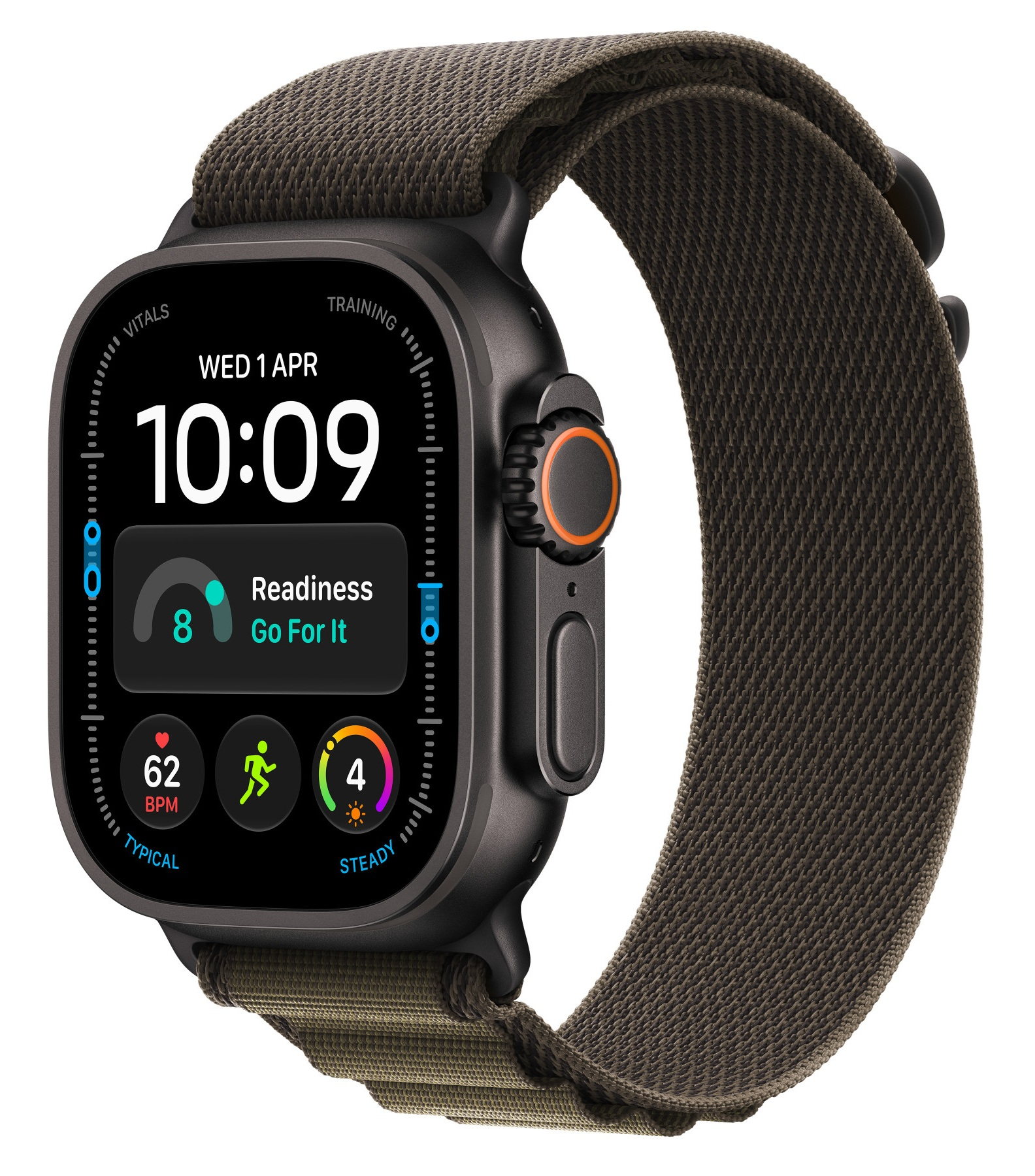 Czarny smartwatch z ciemnobrązowym paskiem z tkaniny wyświetla parametry życiowe na cyfrowym ekranie.
