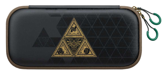 Czarne etui ochronne ze złotym emblematem Triforce, wzorem geometrycznym i zielonymi uchwytami zamków.