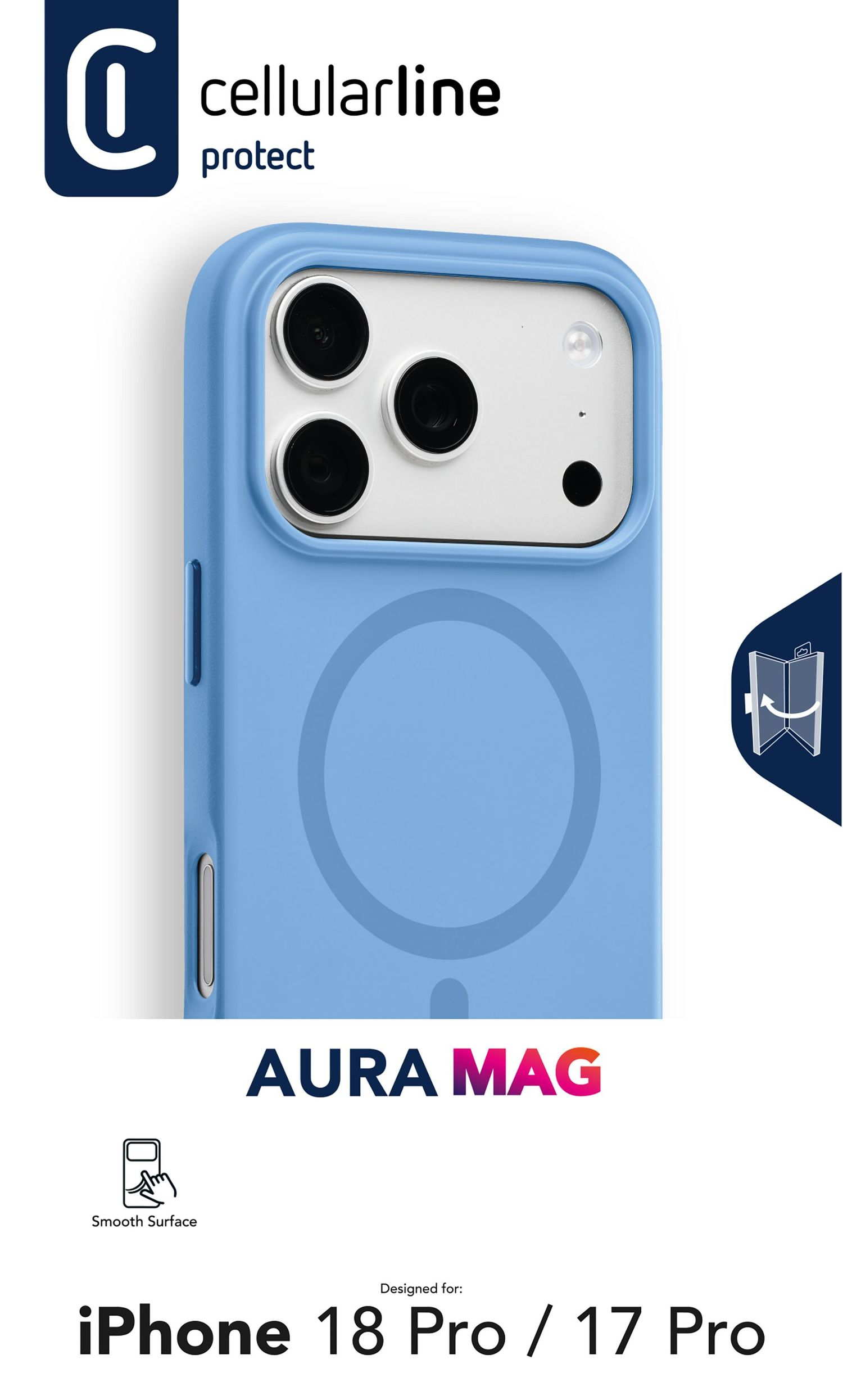 Blaue Cellularline Aura Mag Handyhülle für iPhone 18 Pro / 17 Pro mit Kameraausschnitt und glatter Oberfläche.
