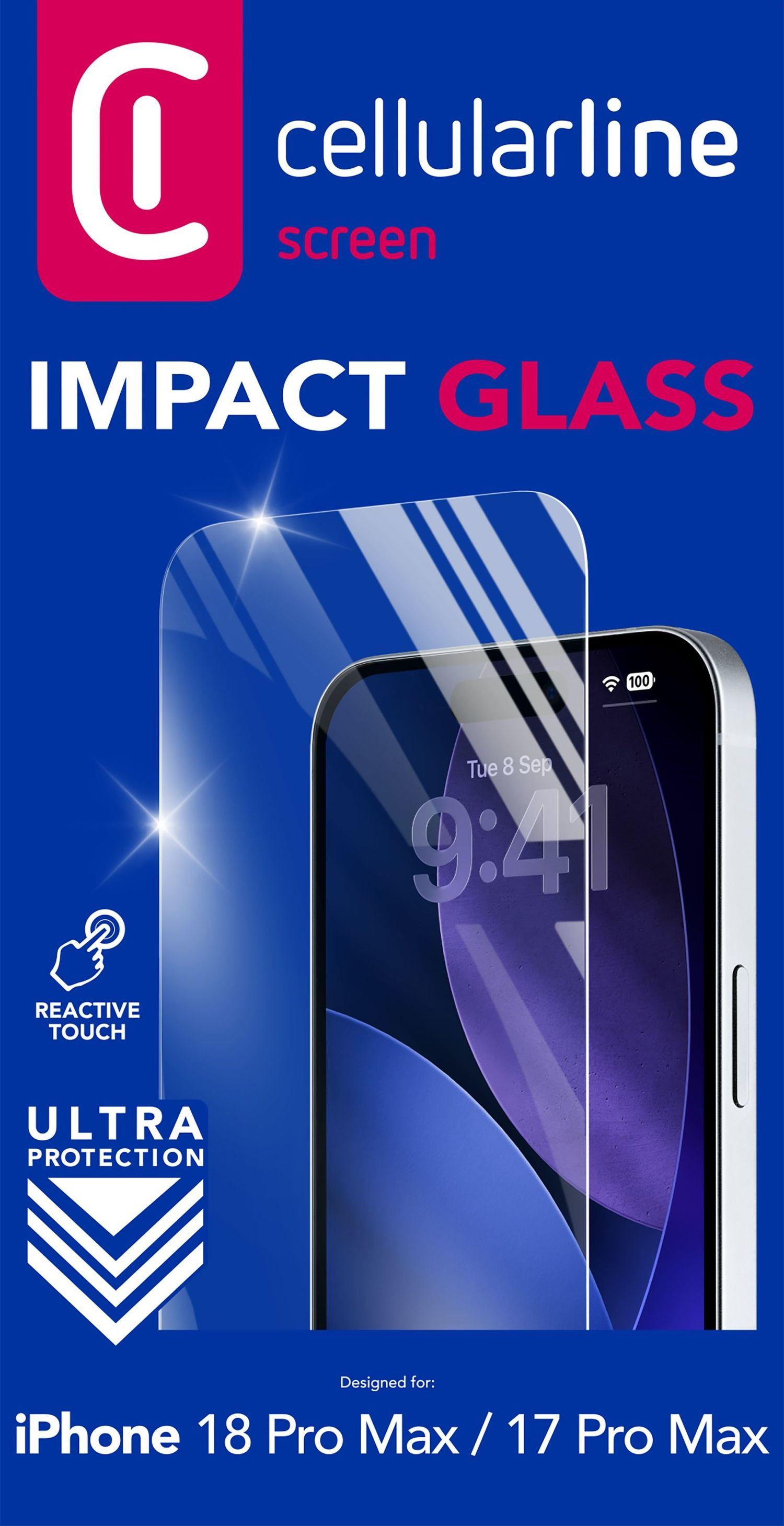 Cellularline Impact Glass Displayschutz für iPhone, blauer Hintergrund, Markenlogos und Funktionssymbole.