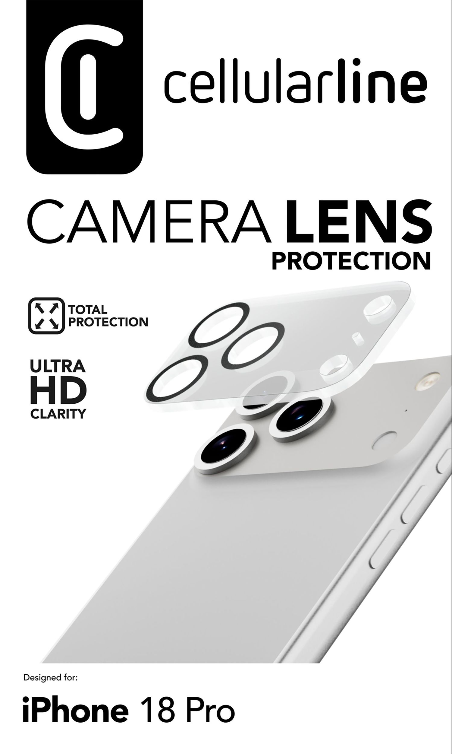 Produktverpackung für Cellularline Kamera-Linsenschutz für das iPhone 18 Pro.