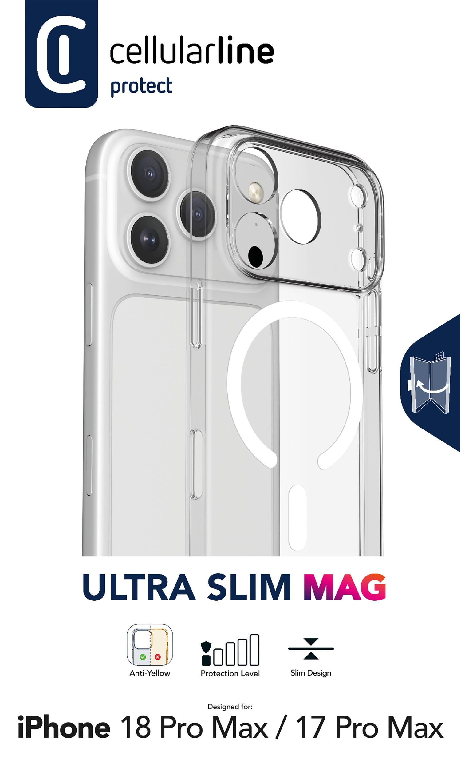 Transparente Handyhülle mit MagSafe für iPhone, mit Texten wie Ultra Slim Mag.