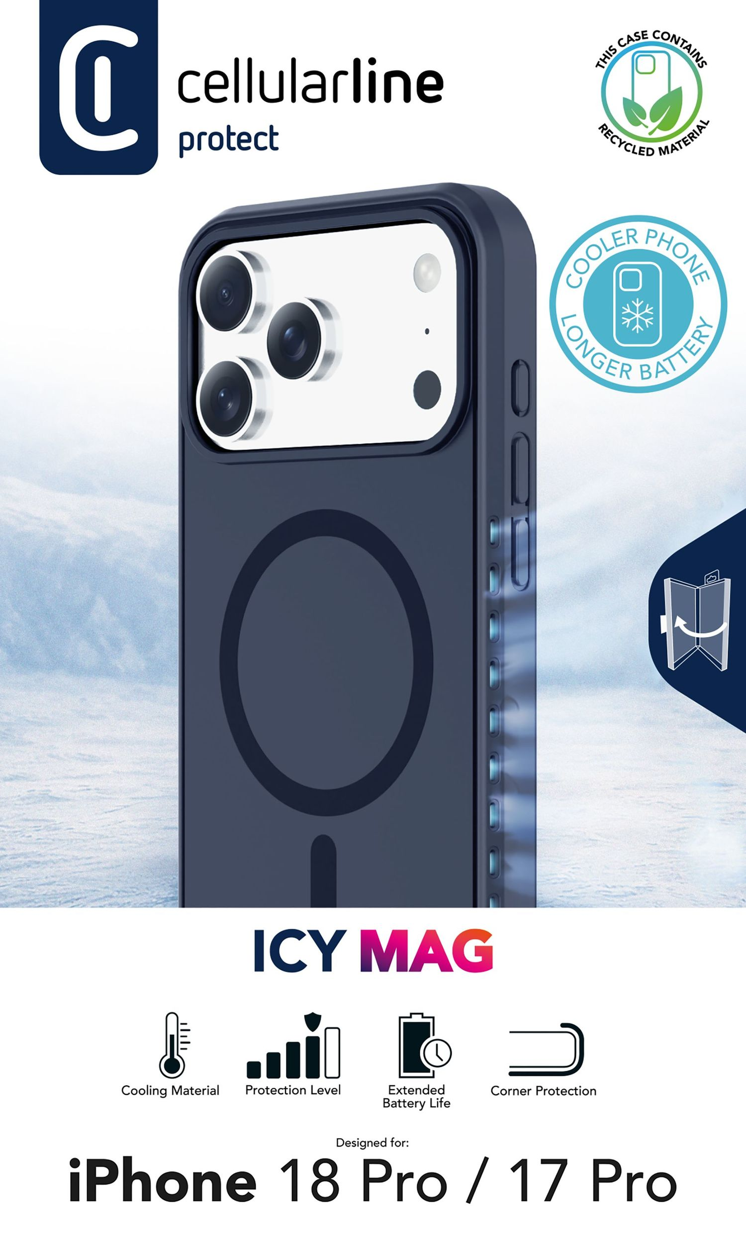 Blaue Handyhülle ICY MAG mit MagSafe, Kühlmaterial und Schutz für iPhone 18 Pro und 17 Pro.
