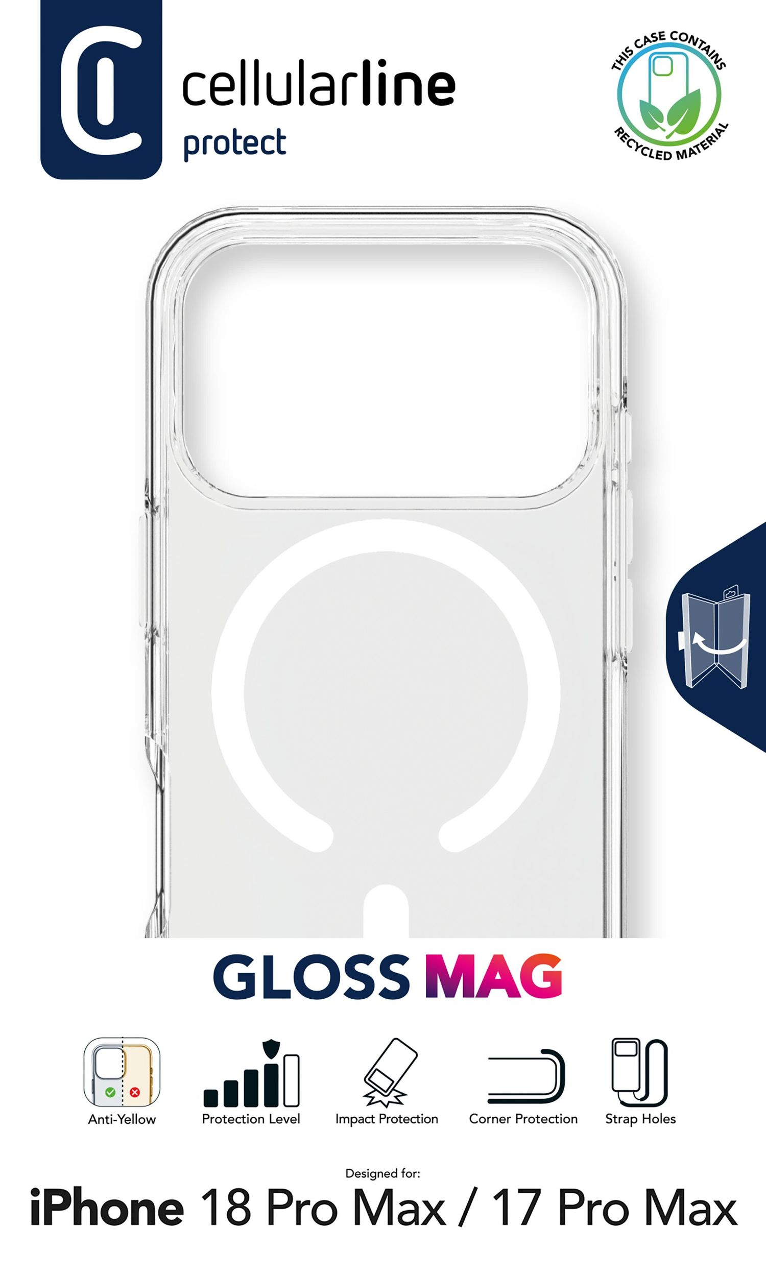 Transparente iPhone 18 Pro Max/17 Pro Max Schutzhülle mit MagSafe-Kreis und Logos.