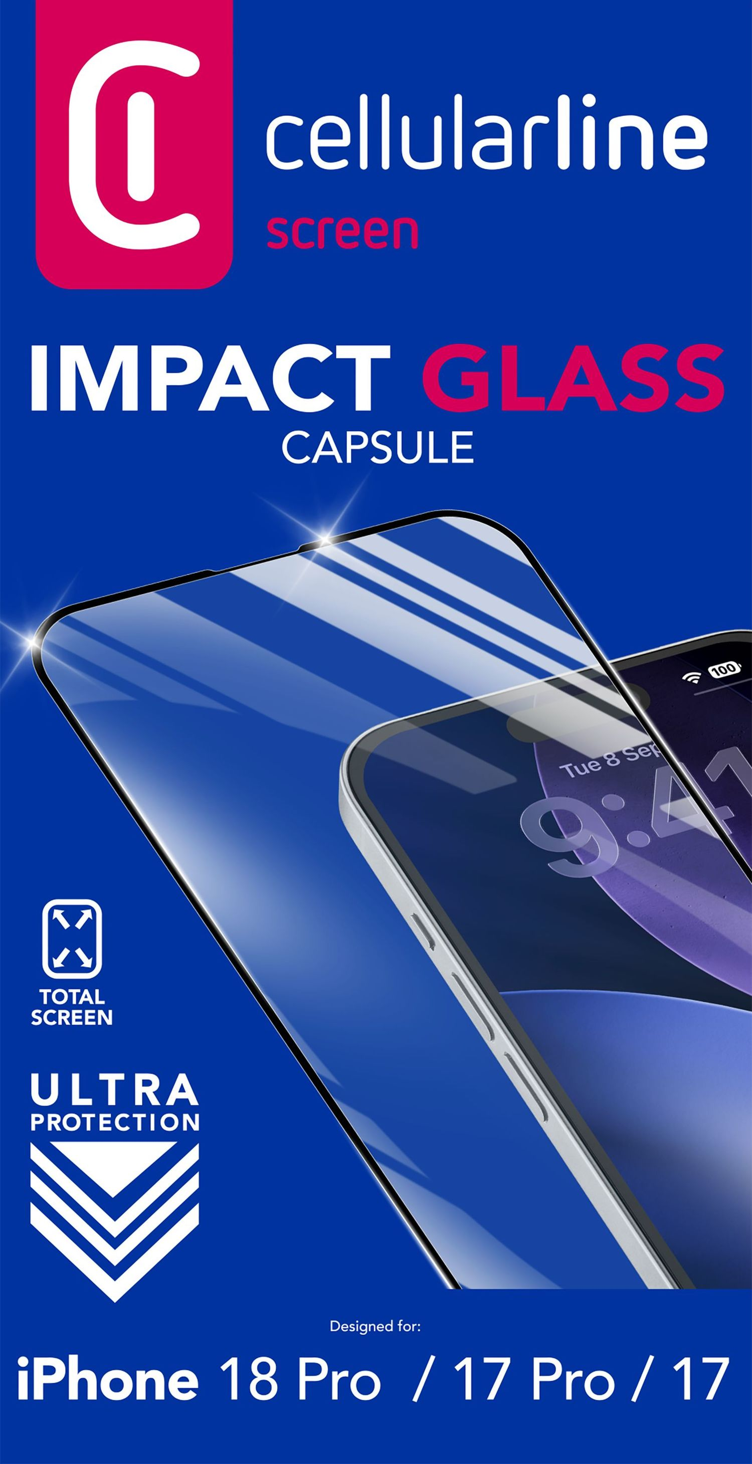 Cellularline Impact Glass Displayschutzfolie für iPhone, blaues Design mit Branding und Produktdetails.