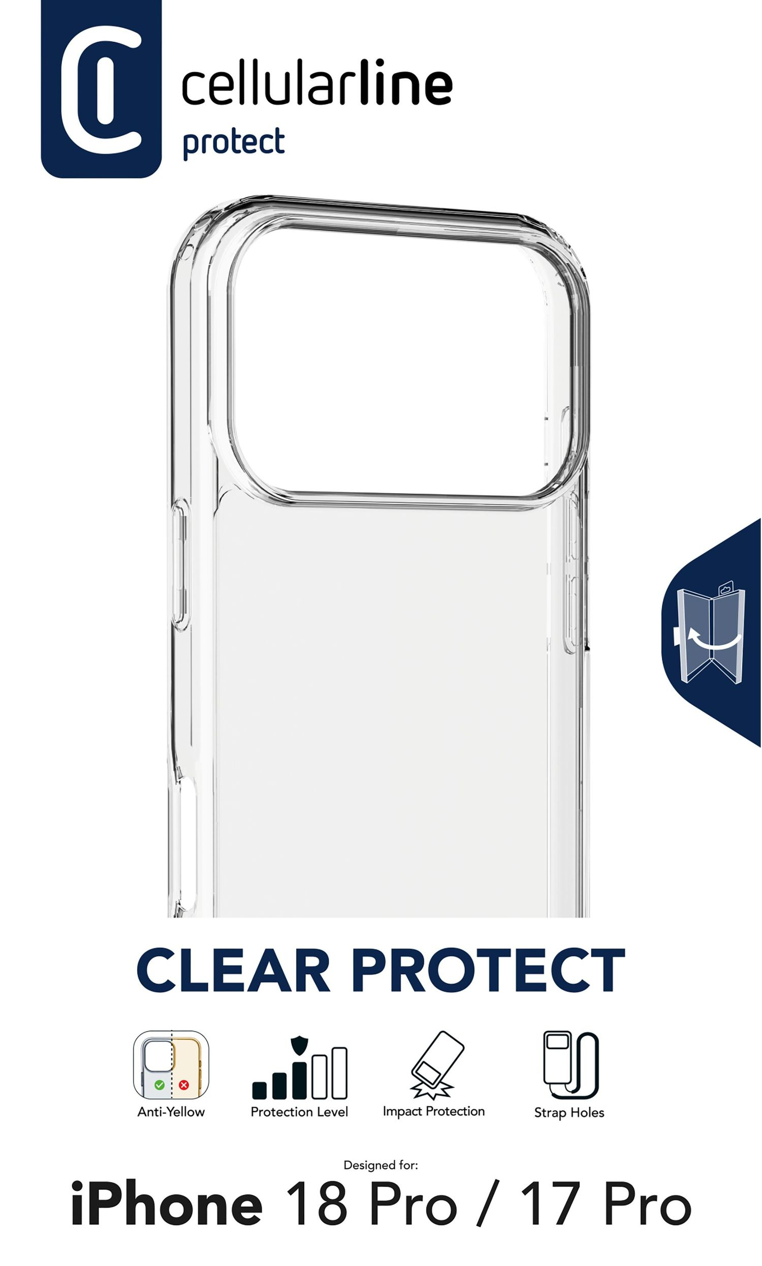 Transparente iPhone 18 Pro / 17 Pro Schutzhülle mit Cellularline-Logo und Symbolen für Funktionen.