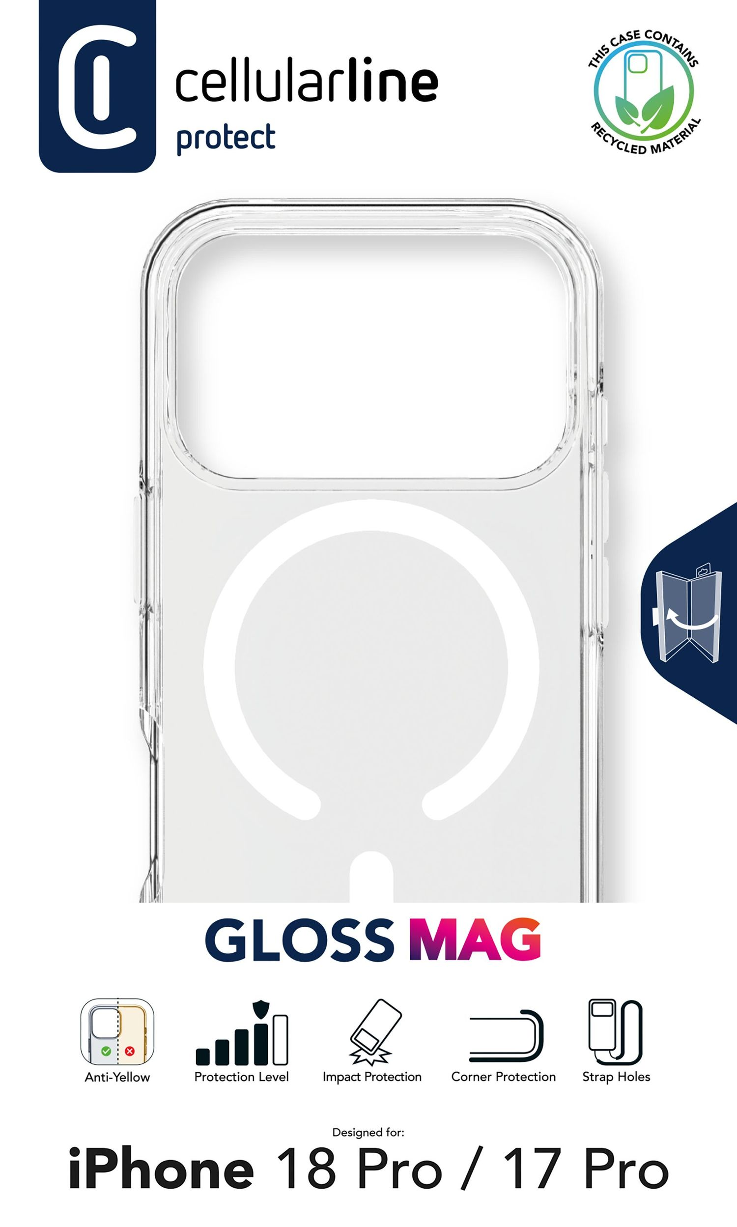 Transparente Cellularline Gloss Mag Schutzhülle für iPhone, mit recycelten Materialien und verschiedenen Schutzfunktionen.