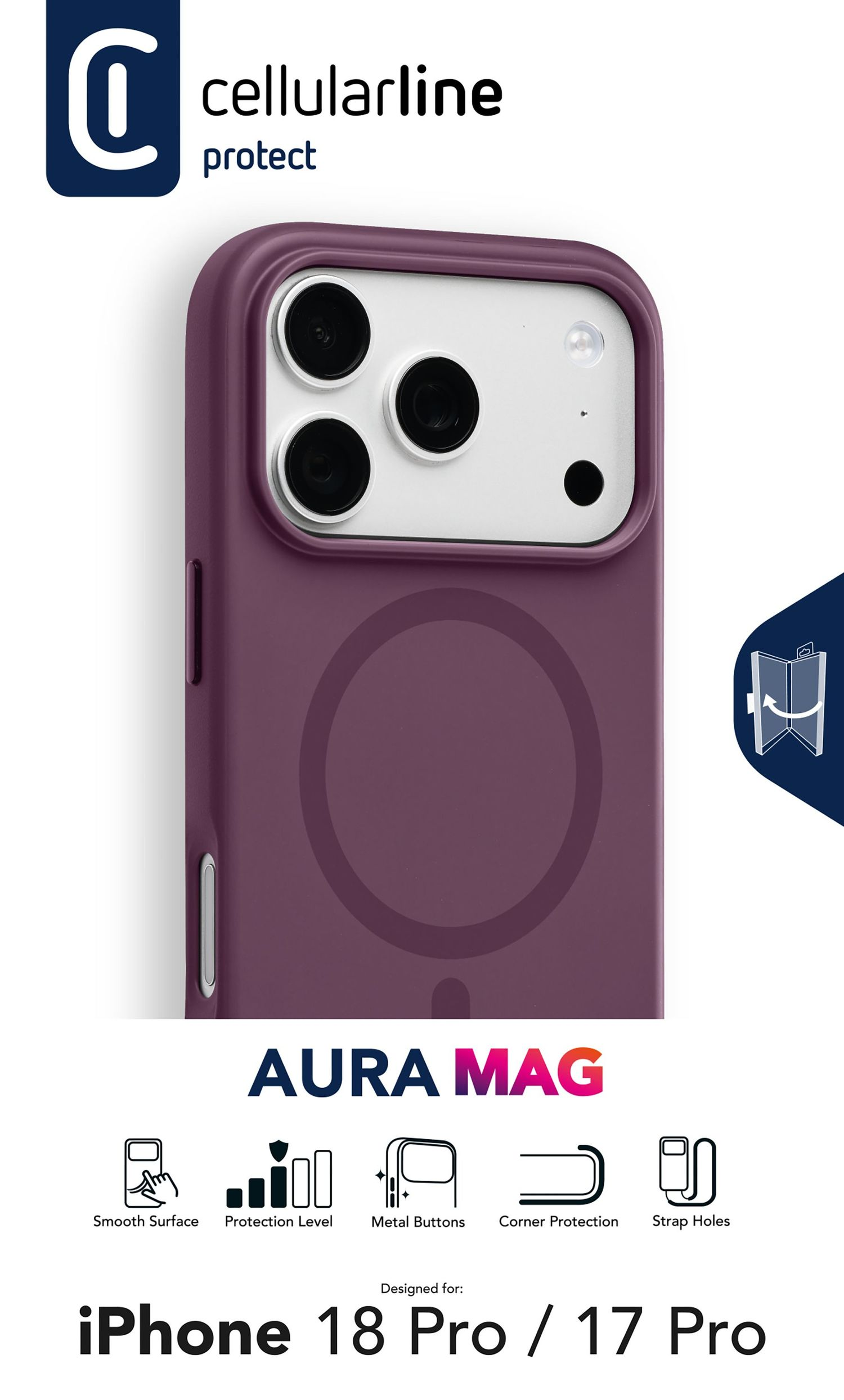 Lila Aura Mag Handyhülle für iPhone 18 Pro/17 Pro, zeigt die Rückseite mit Kameraausschnitten und MagSafe-Ring.