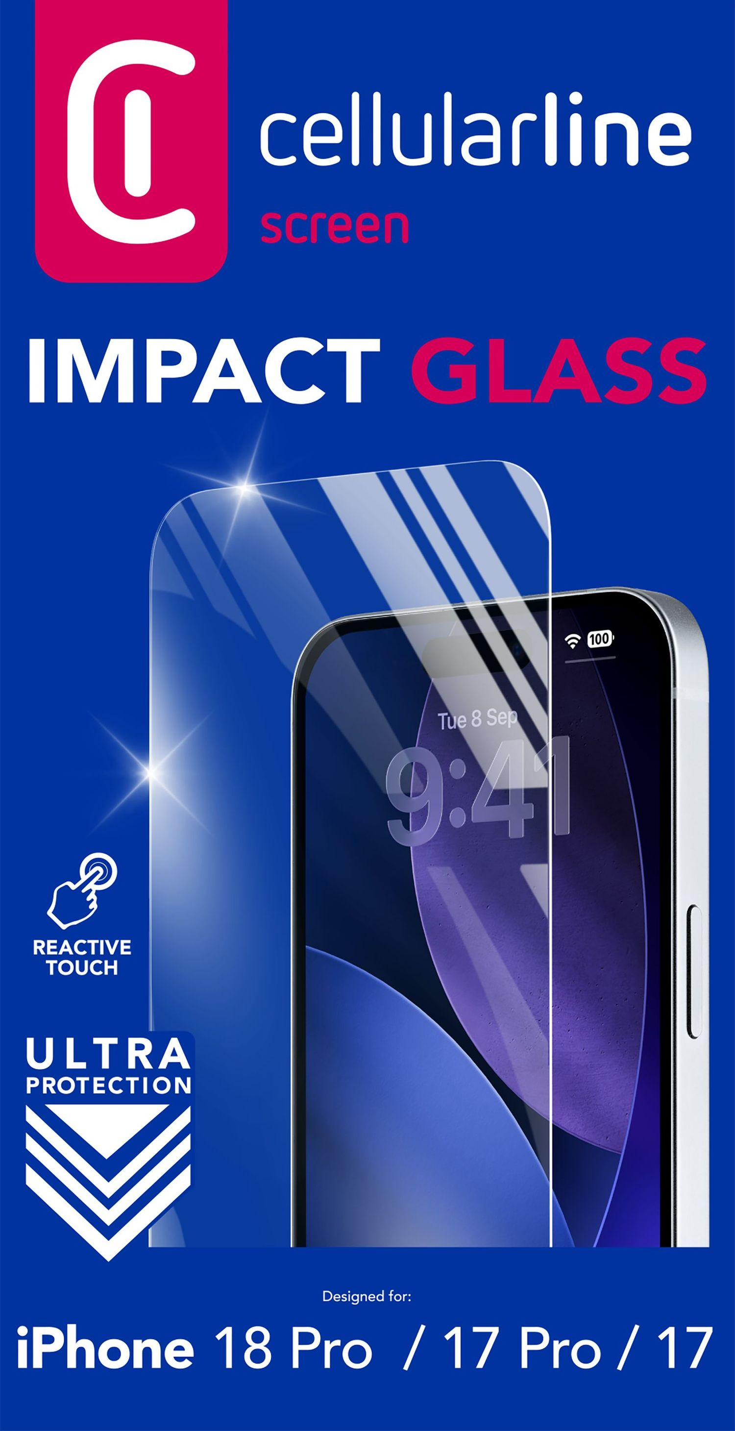 Blaues Werbebild für Cellularline Impact Glass Displayschutzfolie für iPhones.