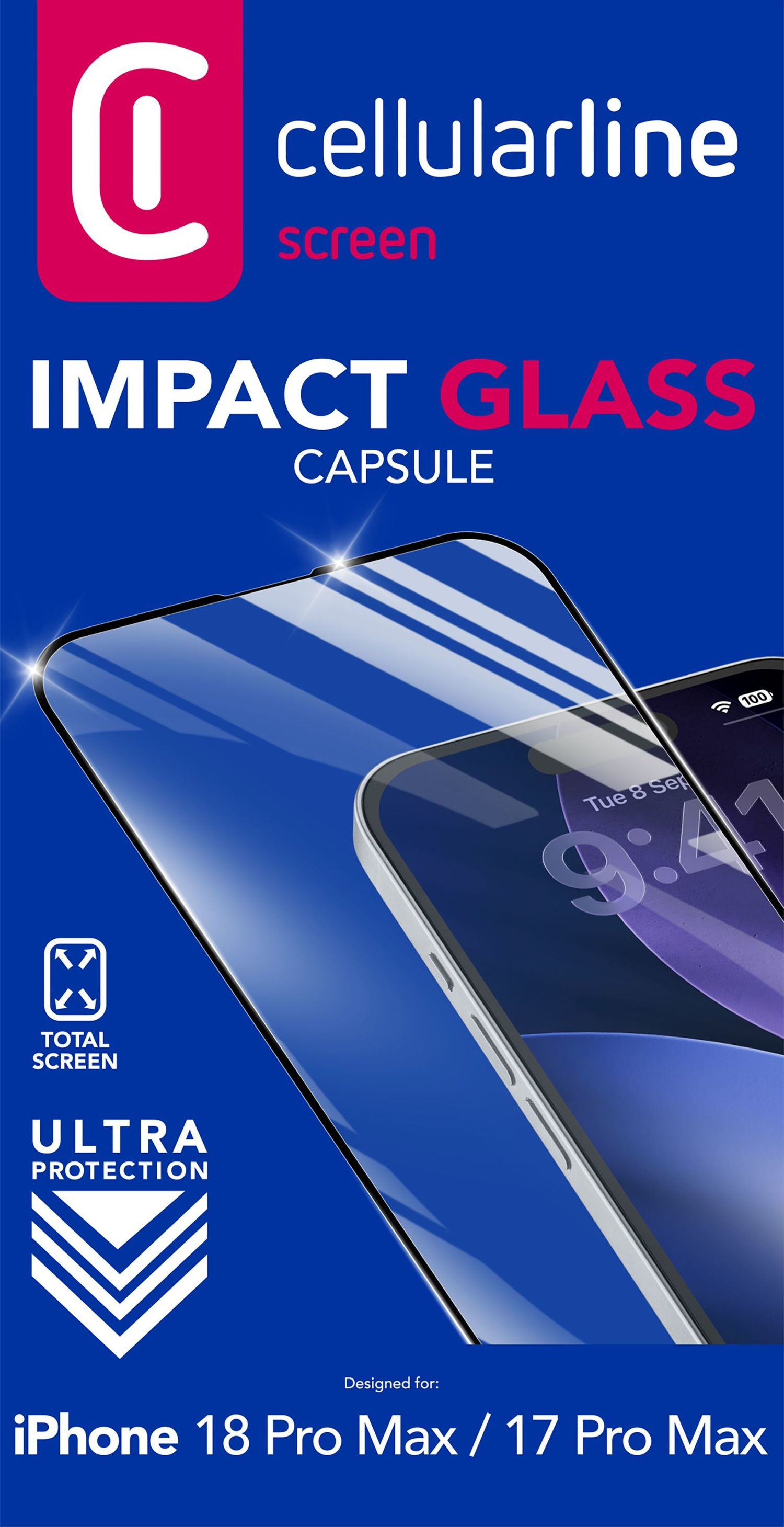 Produktverpackung für Cellularline Impact Glass Capsule, kompatibel mit iPhone 18/17 Pro Max.