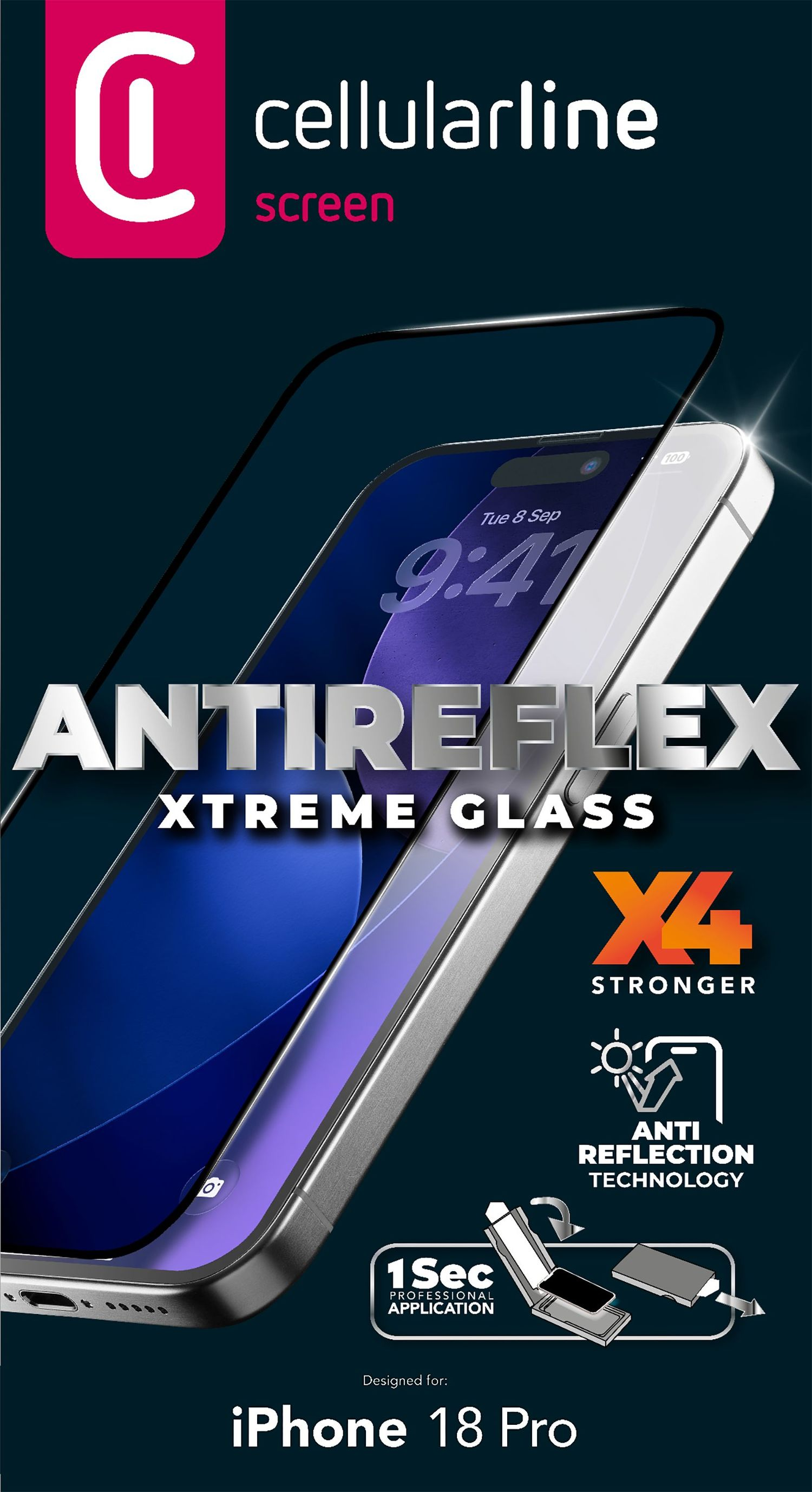 Cellularline Antireflex Xtreme Glass Displayschutz für iPhone 18 Pro mit antireflektierender Technologie.
