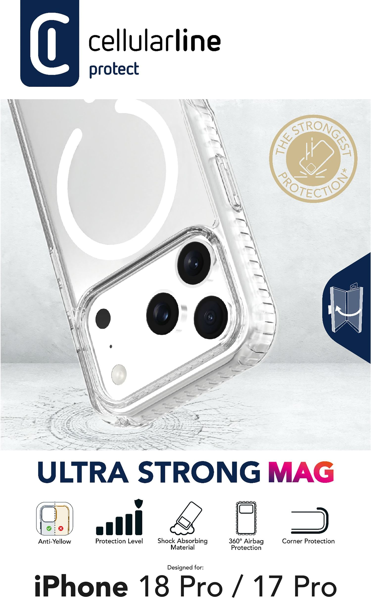 Transparente iPhone-Hülle mit MagSafe-Ring, Kameraausschnitt und Icons für Stoß- und Ecken-Schutz.