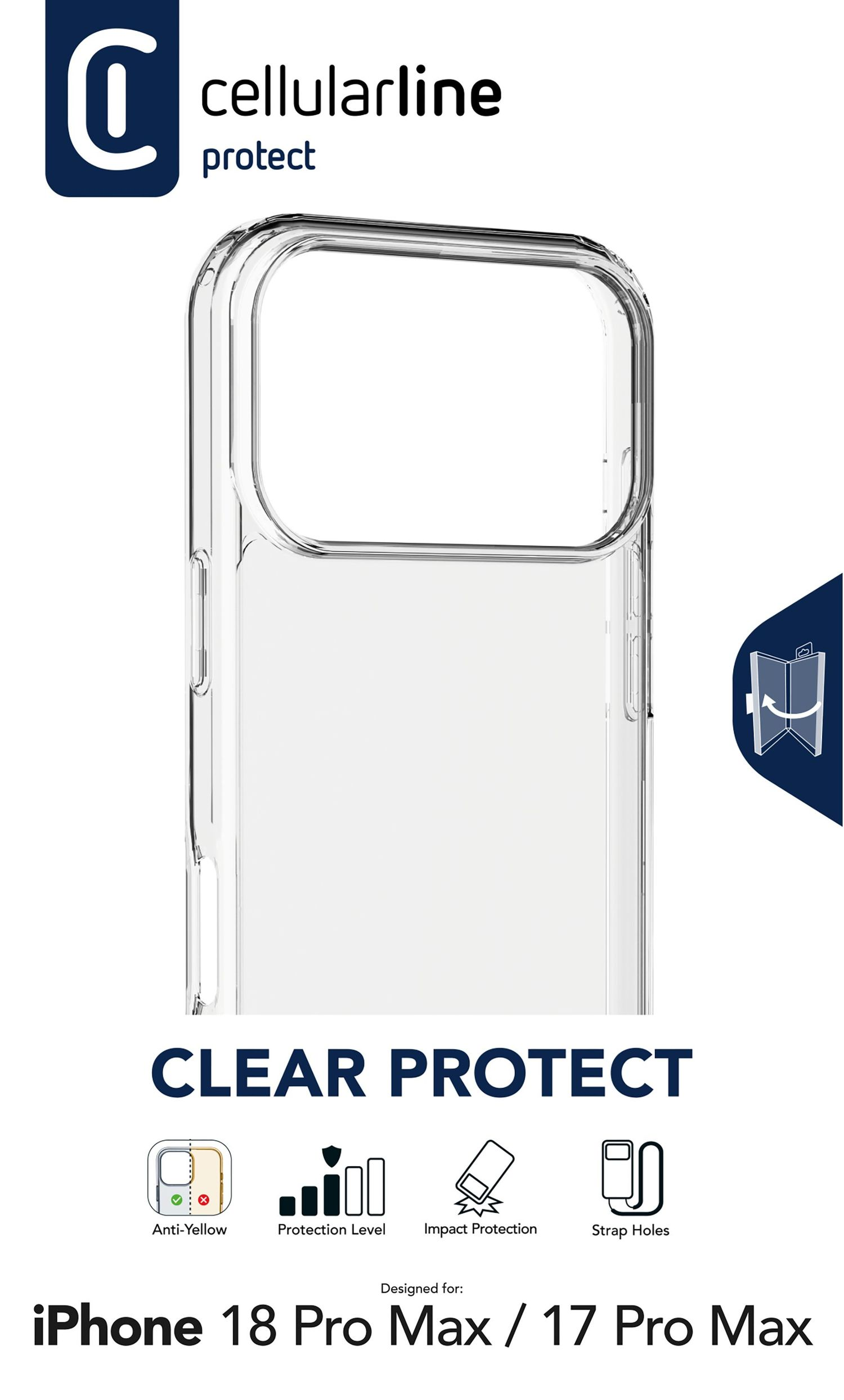 Transparente Handyhülle von Cellularline für iPhone 18 Pro Max und 17 Pro Max mit Schutz- und Anti-Vergilbungs-Icons.