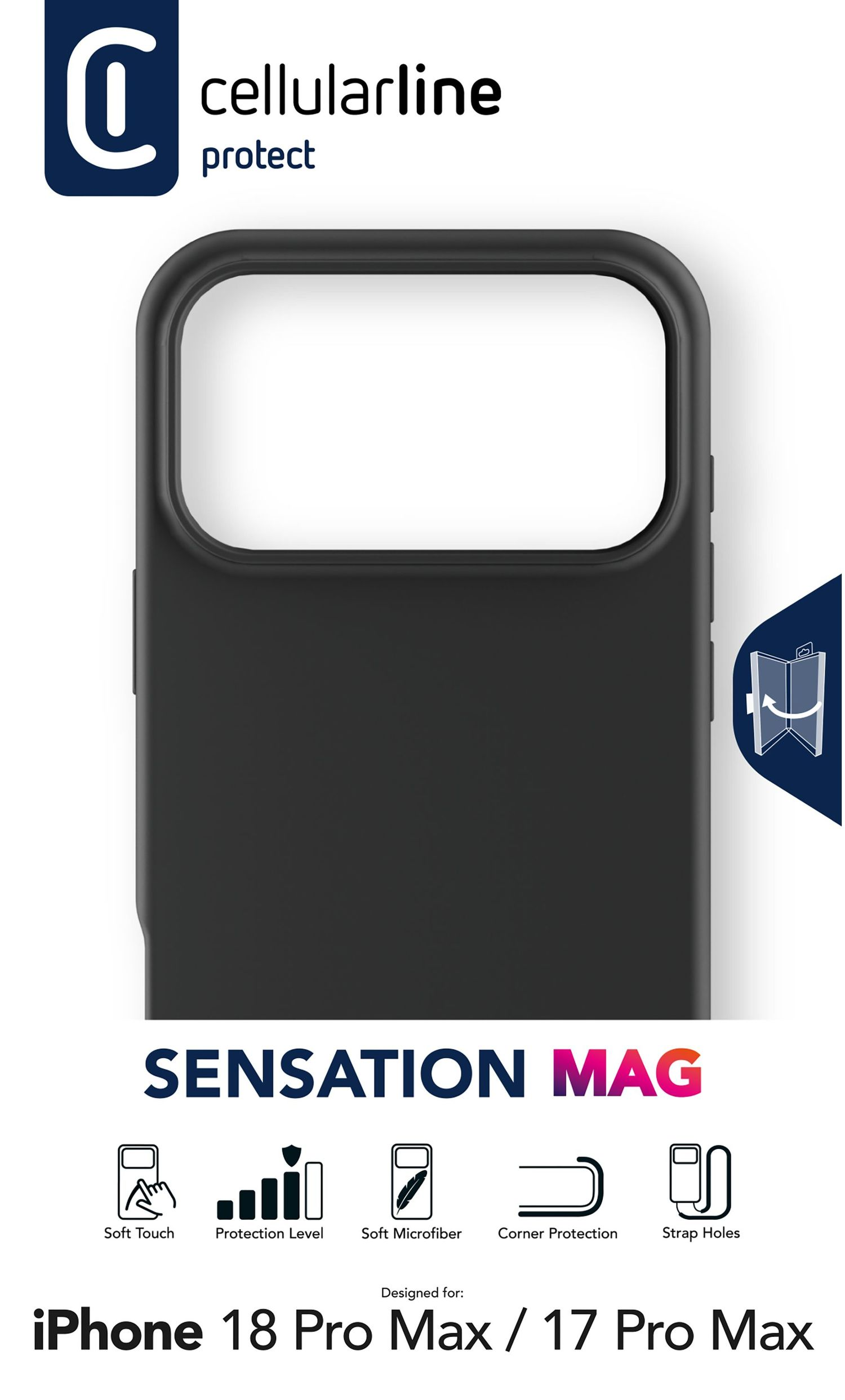 Cellularline Sensation Mag schwarze Hülle für iPhone 18 Pro Max und 17 Pro Max mit Icons für Soft-Touch und Schutz.
