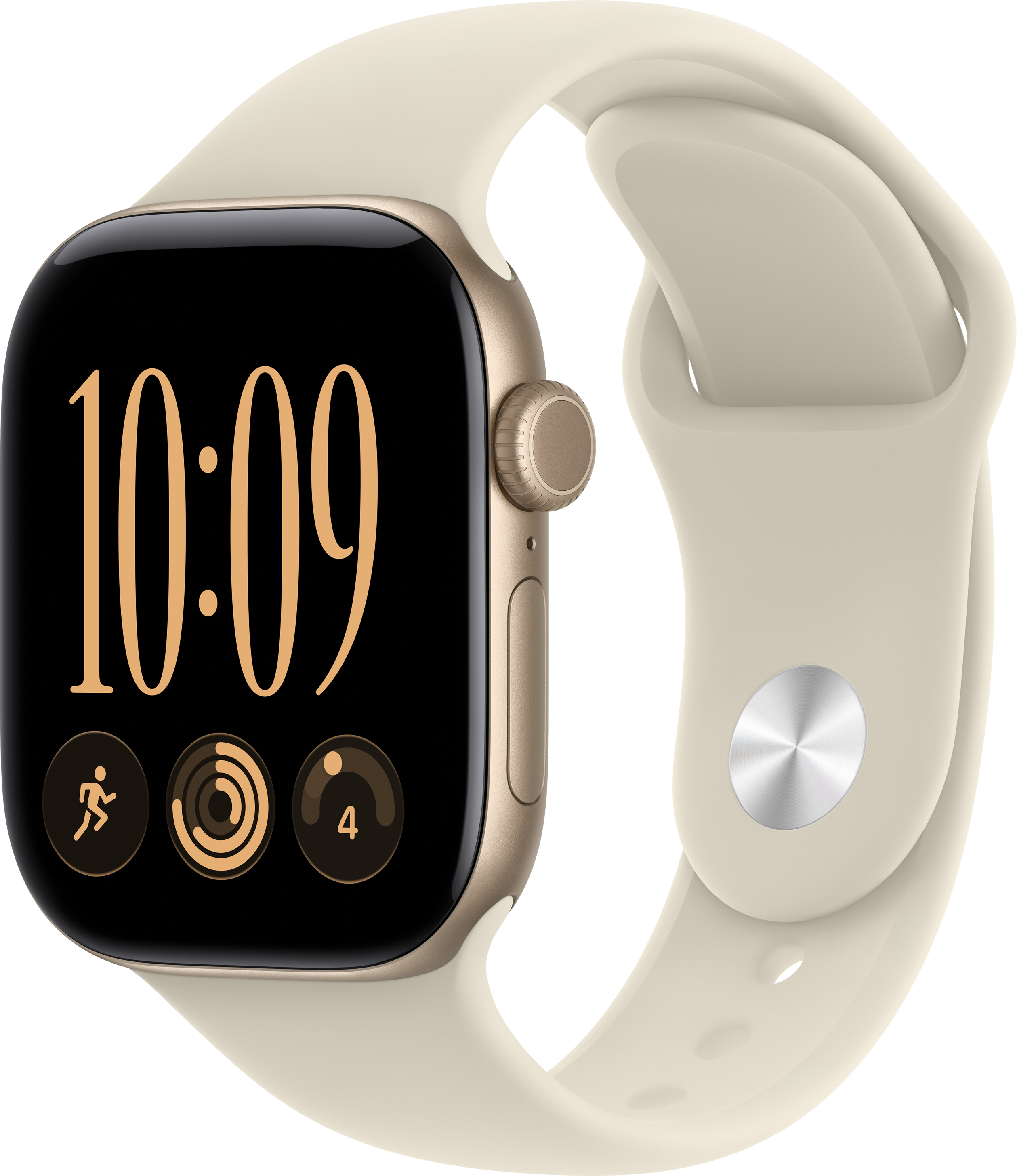 Une montre connectée dorée avec bracelet en silicone clair affiche 10:09 et des applications d'activité sur fond noir.