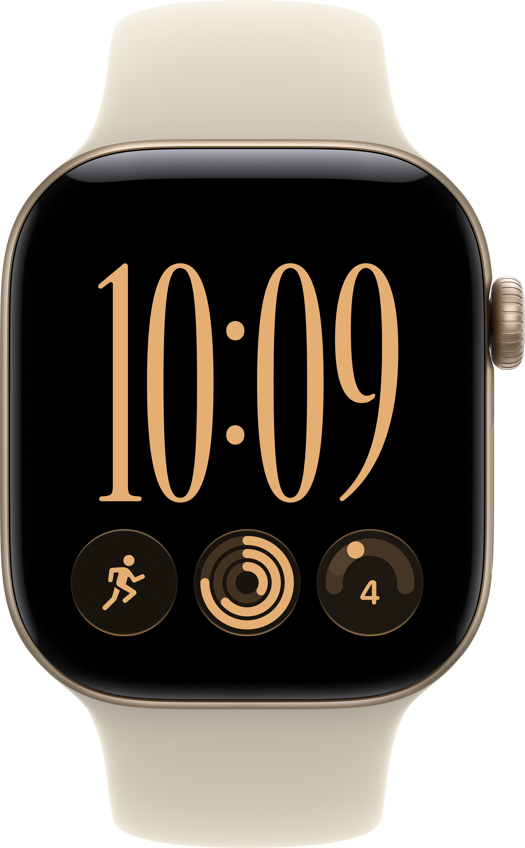 Une montre connectée dorée avec un bracelet crème affiche 10:09 et trois icônes de fitness sur son écran noir.