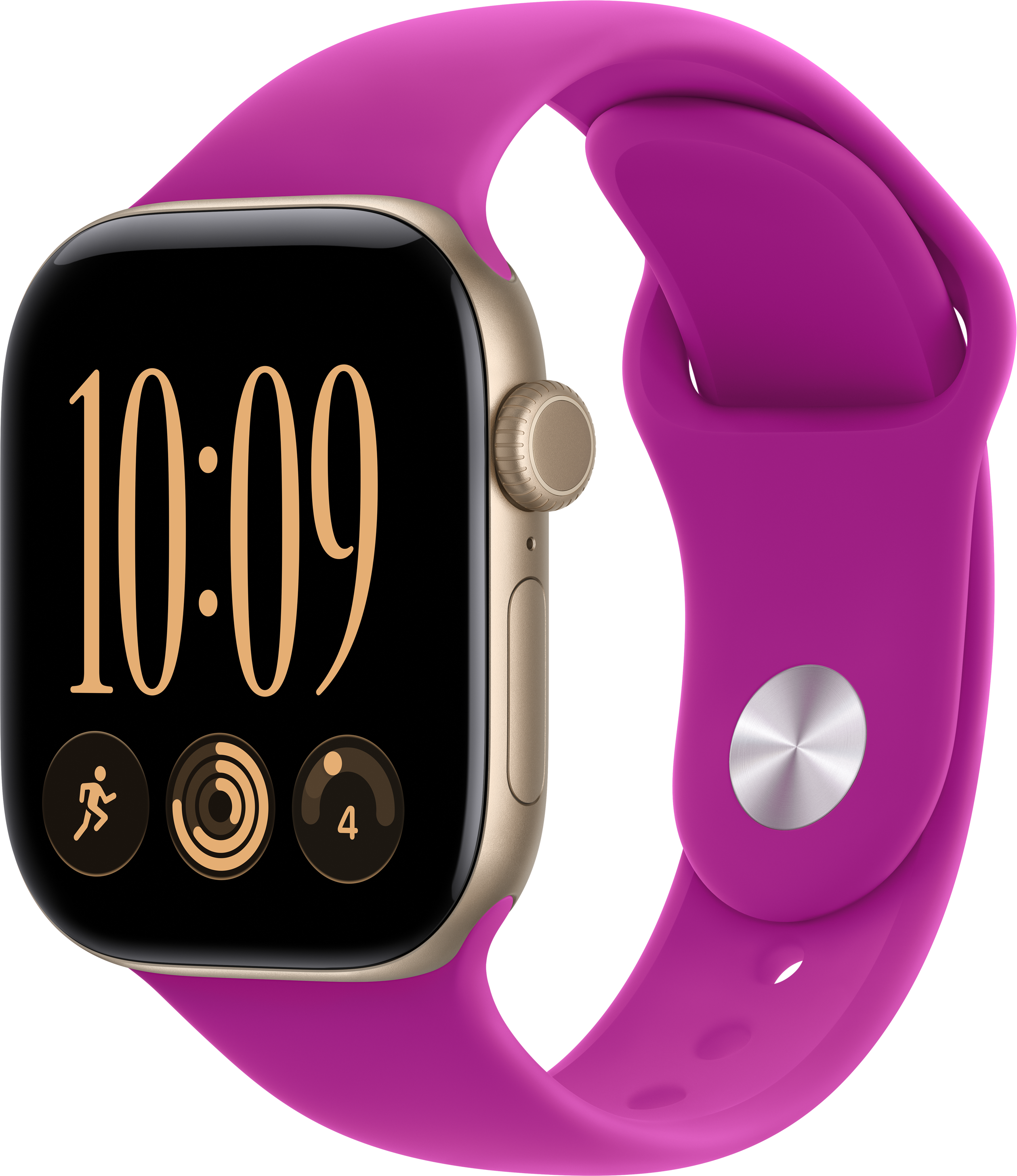 Eine Smartwatch mit goldenem Gehäuse und pinkem Silikonarmband vor schwarzem Hintergrund.