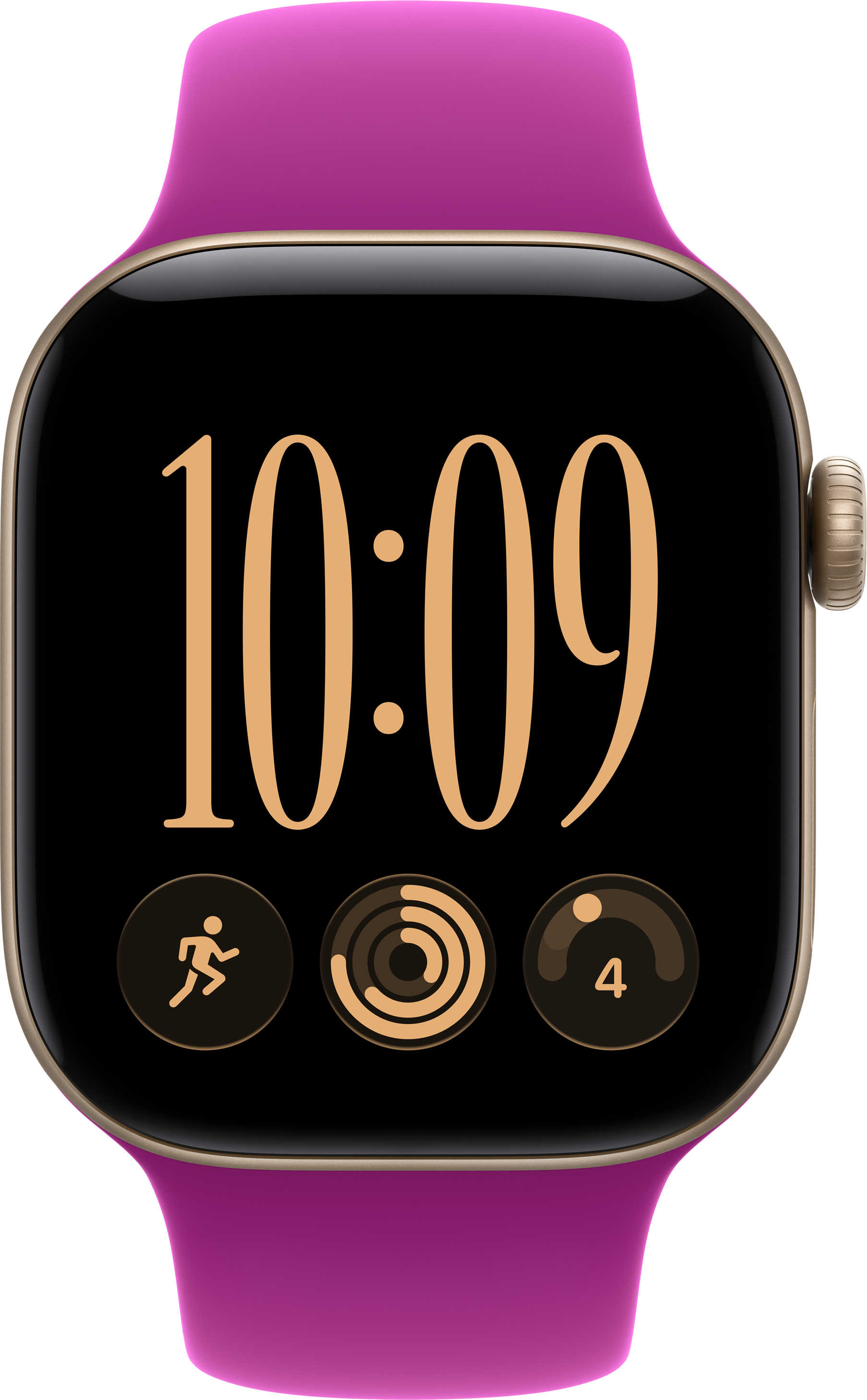 Eine Smartwatch mit pinkem Armband, schwarzem Display, goldener Zeitanzeige 10:09 und drei Aktivitäts-Icons.