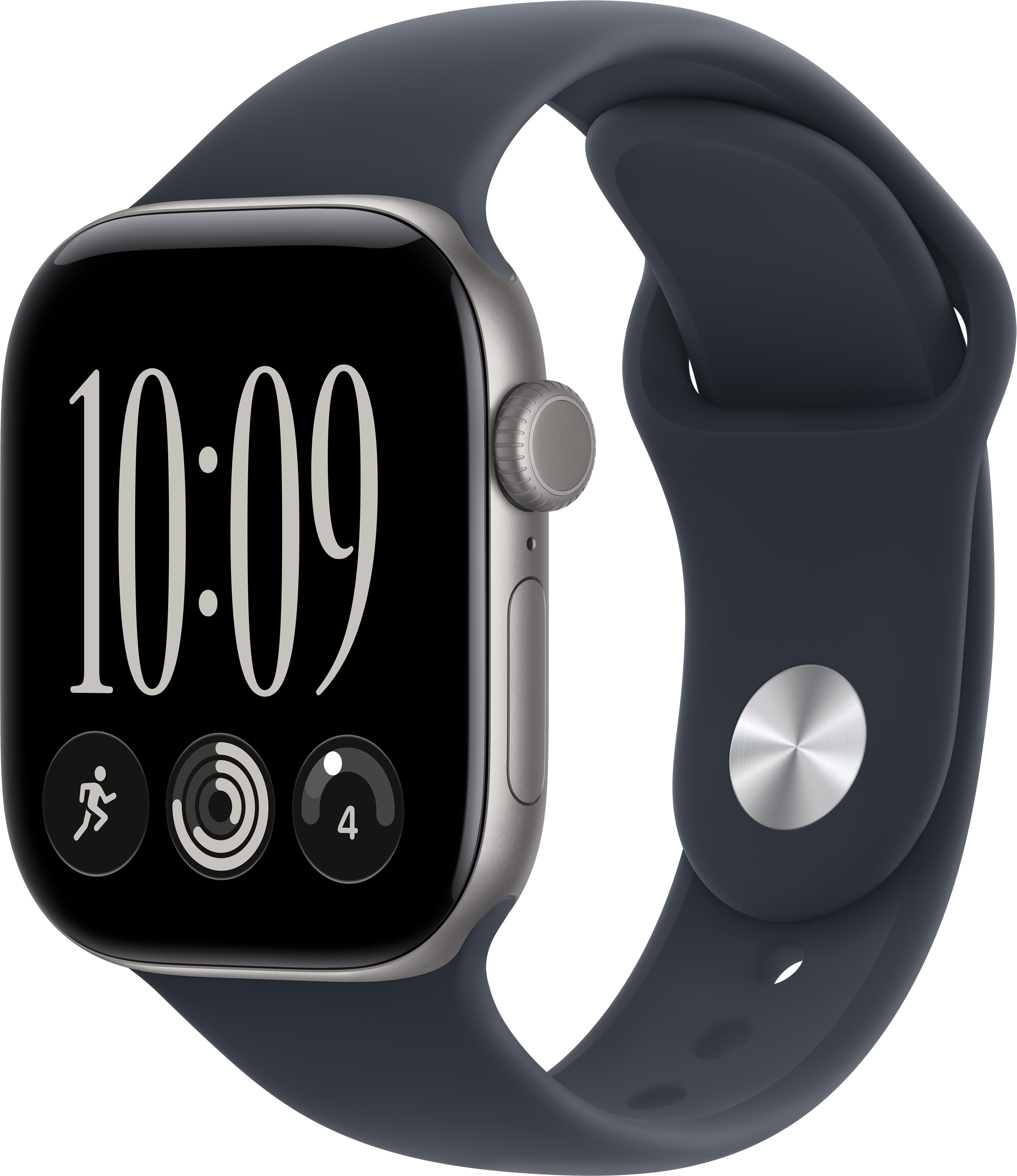 Eine silberne Smartwatch mit dunkelblauem Silikonarmband zeigt die Uhrzeit 10:09 und Fitness-Symbole.