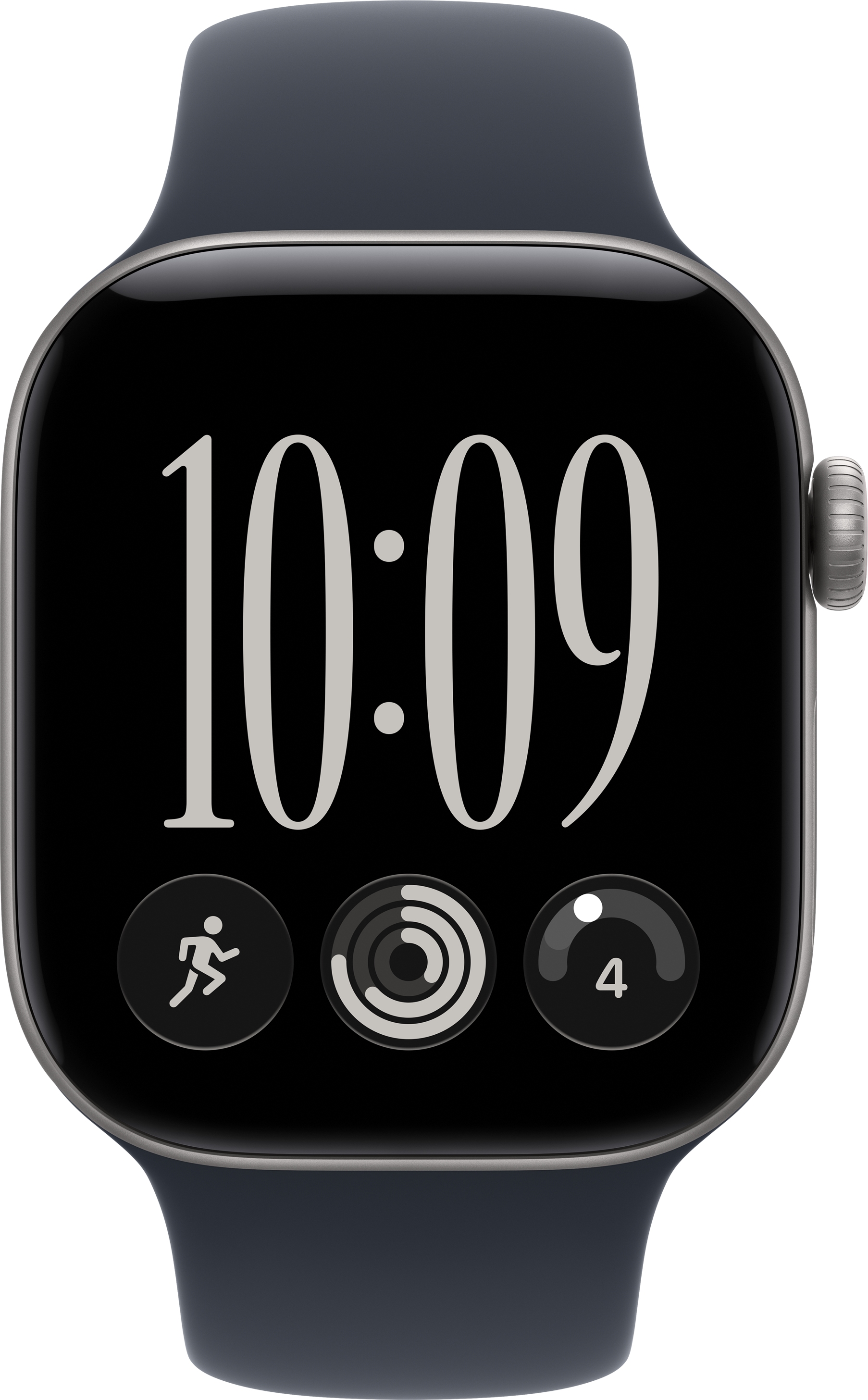 Eine graue Smartwatch mit großem Zifferblatt, digitaler Zeitanzeige 10:09 und drei Aktivitäts-Icons unten.