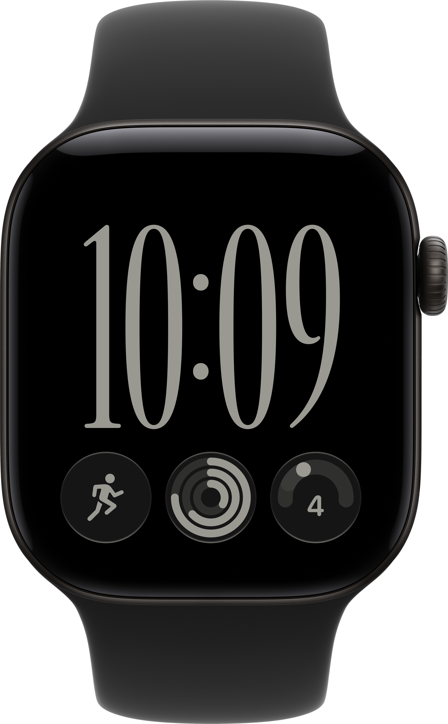 Schwarze Smartwatch mit der Anzeige 10:09 Uhr und drei Aktivitäts-Icons.