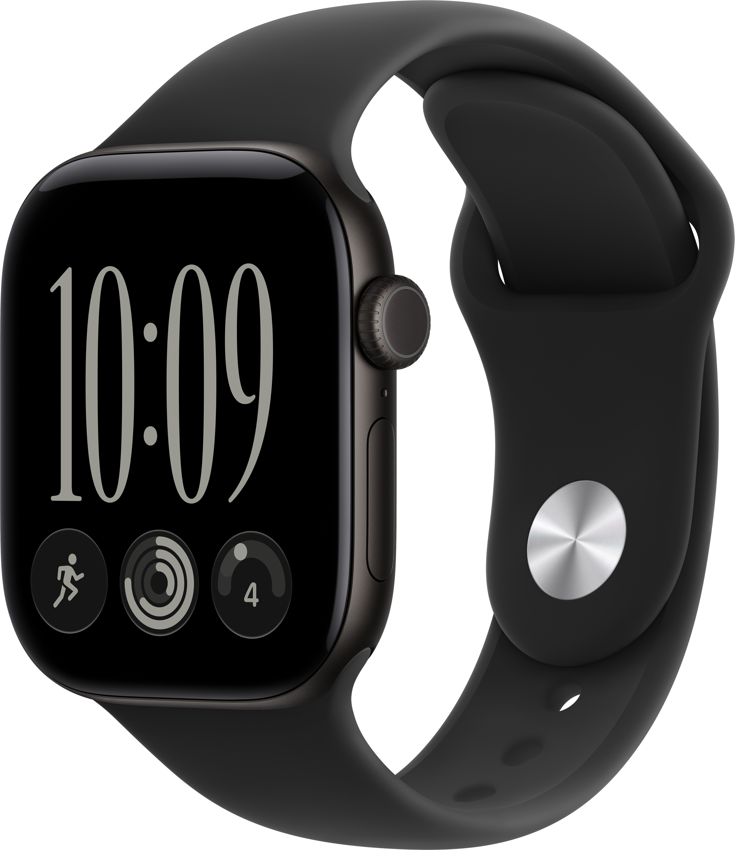 Schwarze Smartwatch mit digitalem Zifferblatt und Sportarmband vor dunklem Hintergrund.