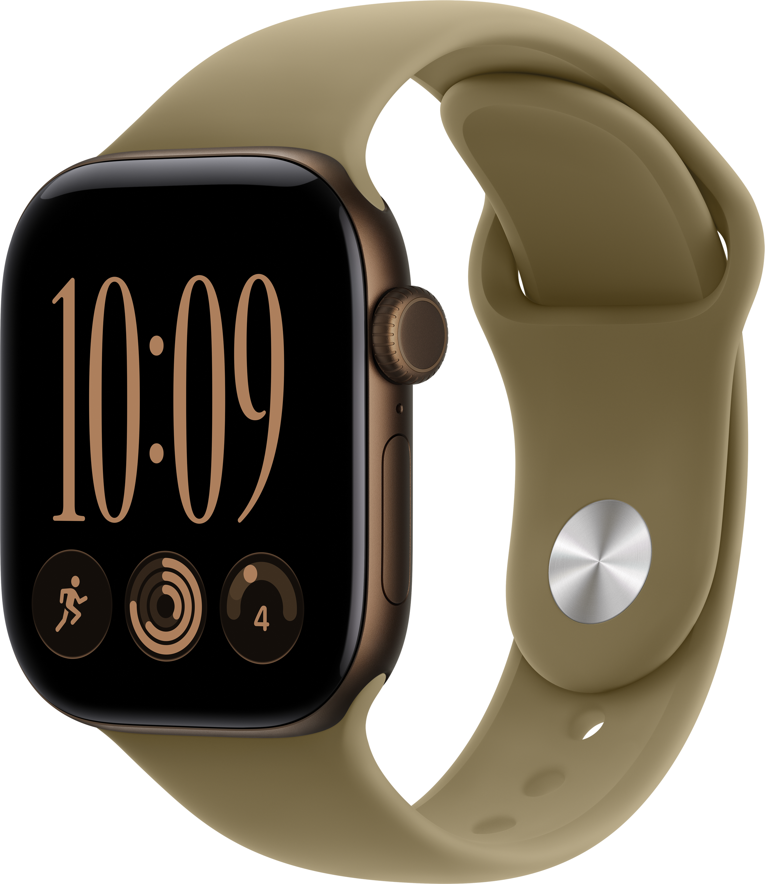 Eine olivgrüne Smartwatch mit braunem Gehäuse zeigt das digitale Zifferblatt und Fitness-App-Symbole auf schwarzem Grund.