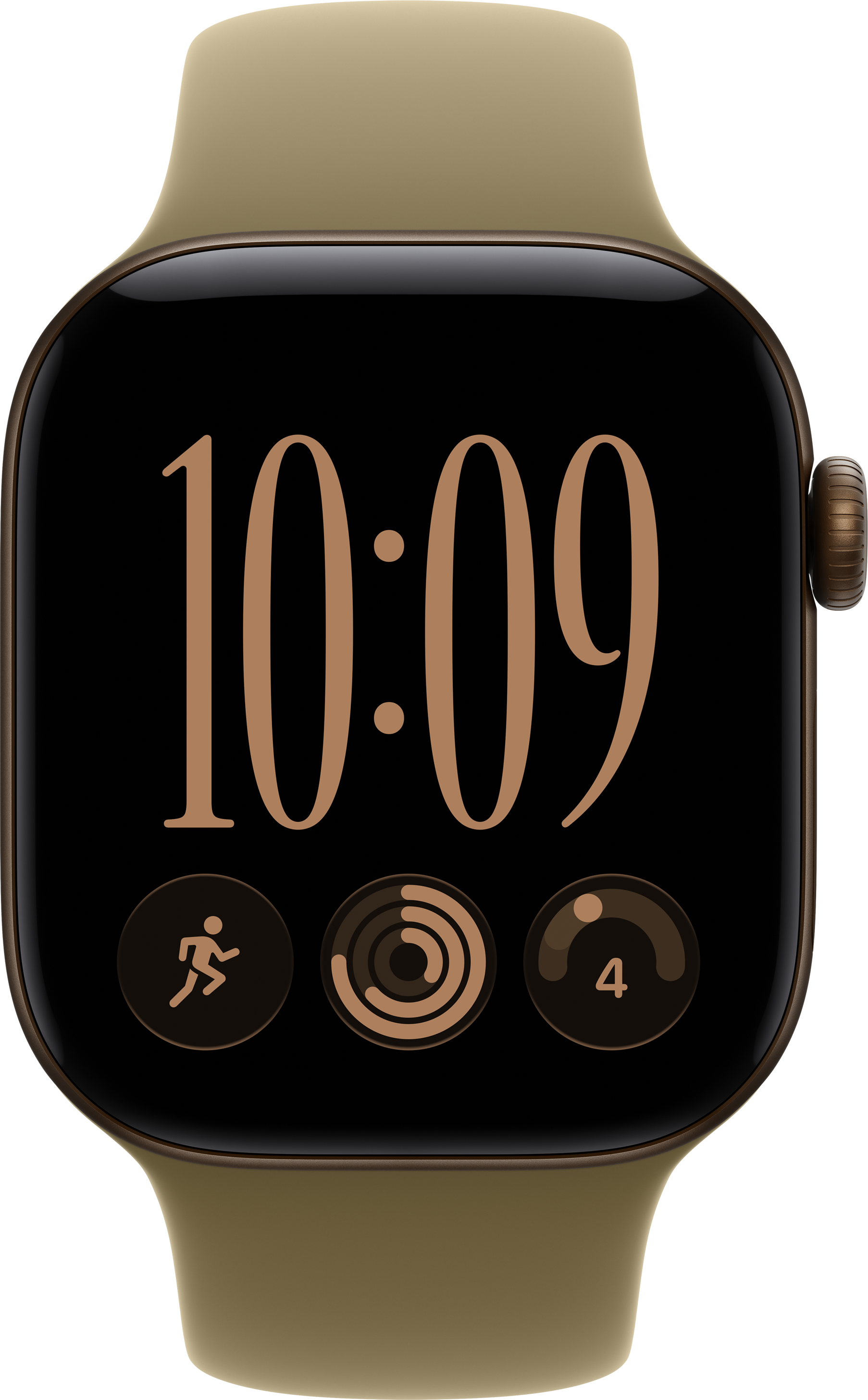Eine Smartwatch mit braunem Armband zeigt die Uhrzeit 10:09 und drei Fitness-Symbole auf dem schwarzen Display.