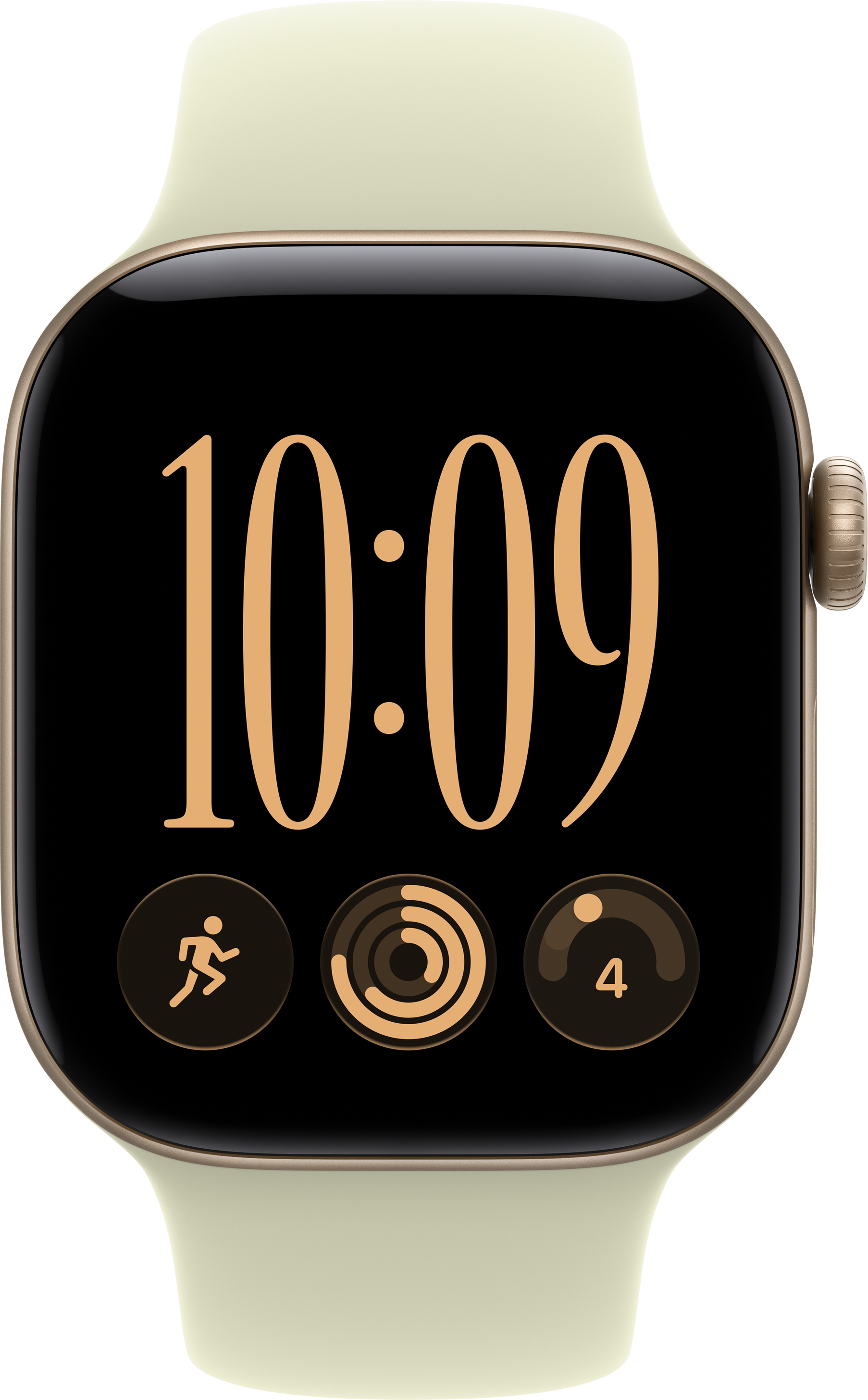 Eine Smartwatch mit beigem Armband zeigt das digitale Zifferblatt mit der Zeit 10:09 und drei Aktivitäts-Icons.
