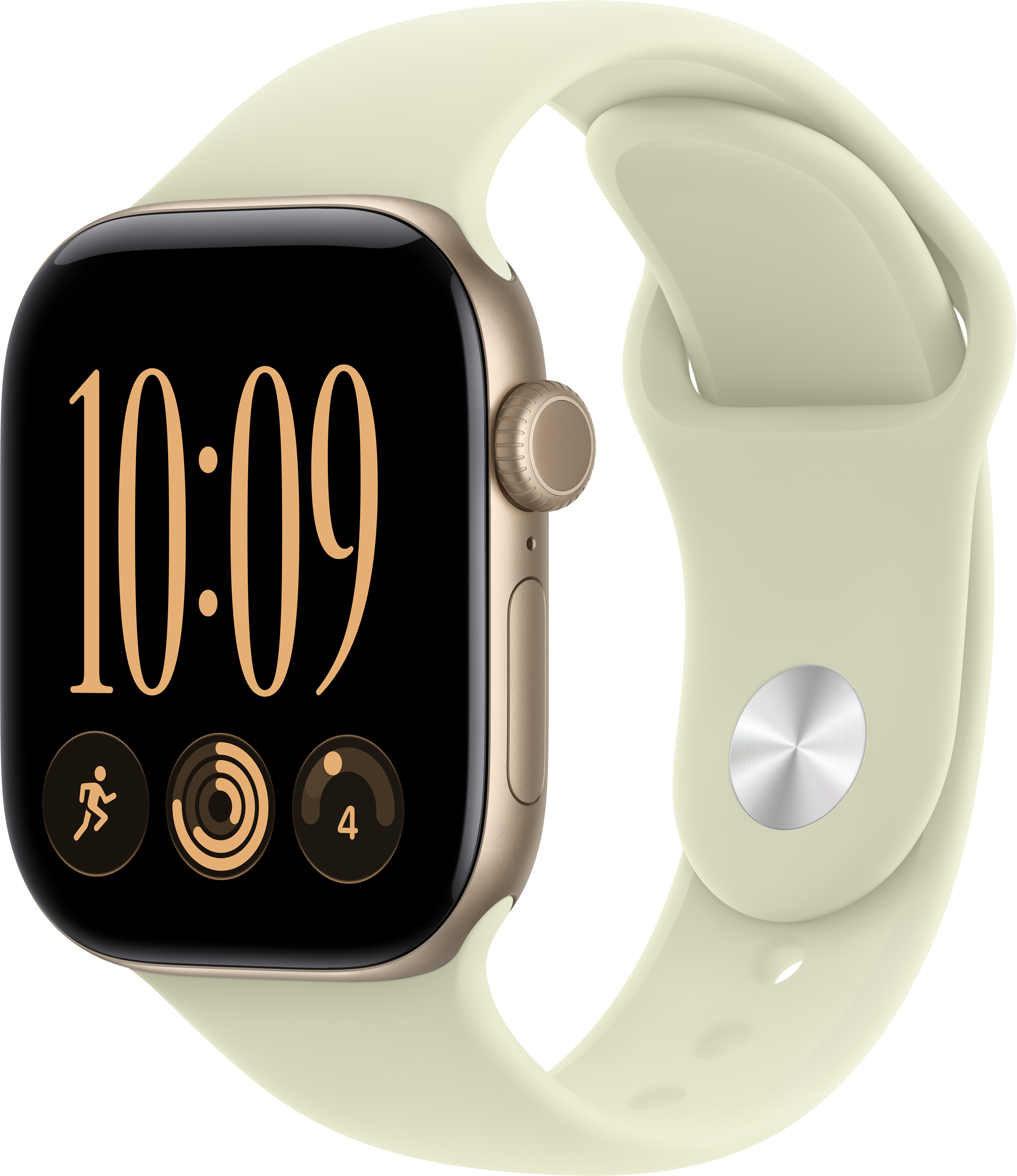 Goldene Smartwatch mit hellgrünem Silikonarmband zeigt Uhrzeit 10:09 und Fitness-Symbole auf schwarzem Bildschirm.