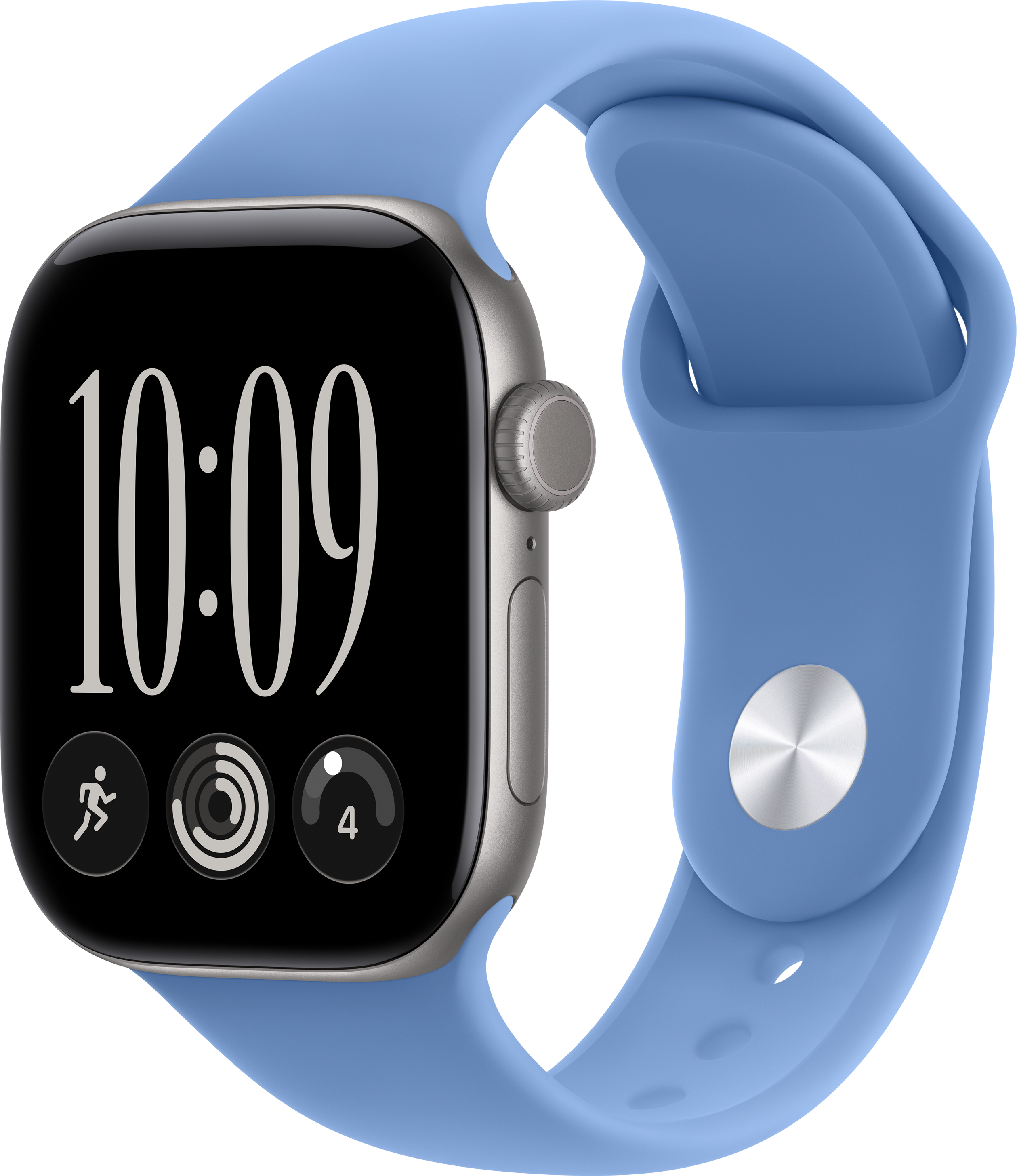 Eine Smartwatch mit silbernem Gehäuse und hellblauem Silikonarmband zeigt die Uhrzeit 10:09 auf schwarzem Hintergrund.