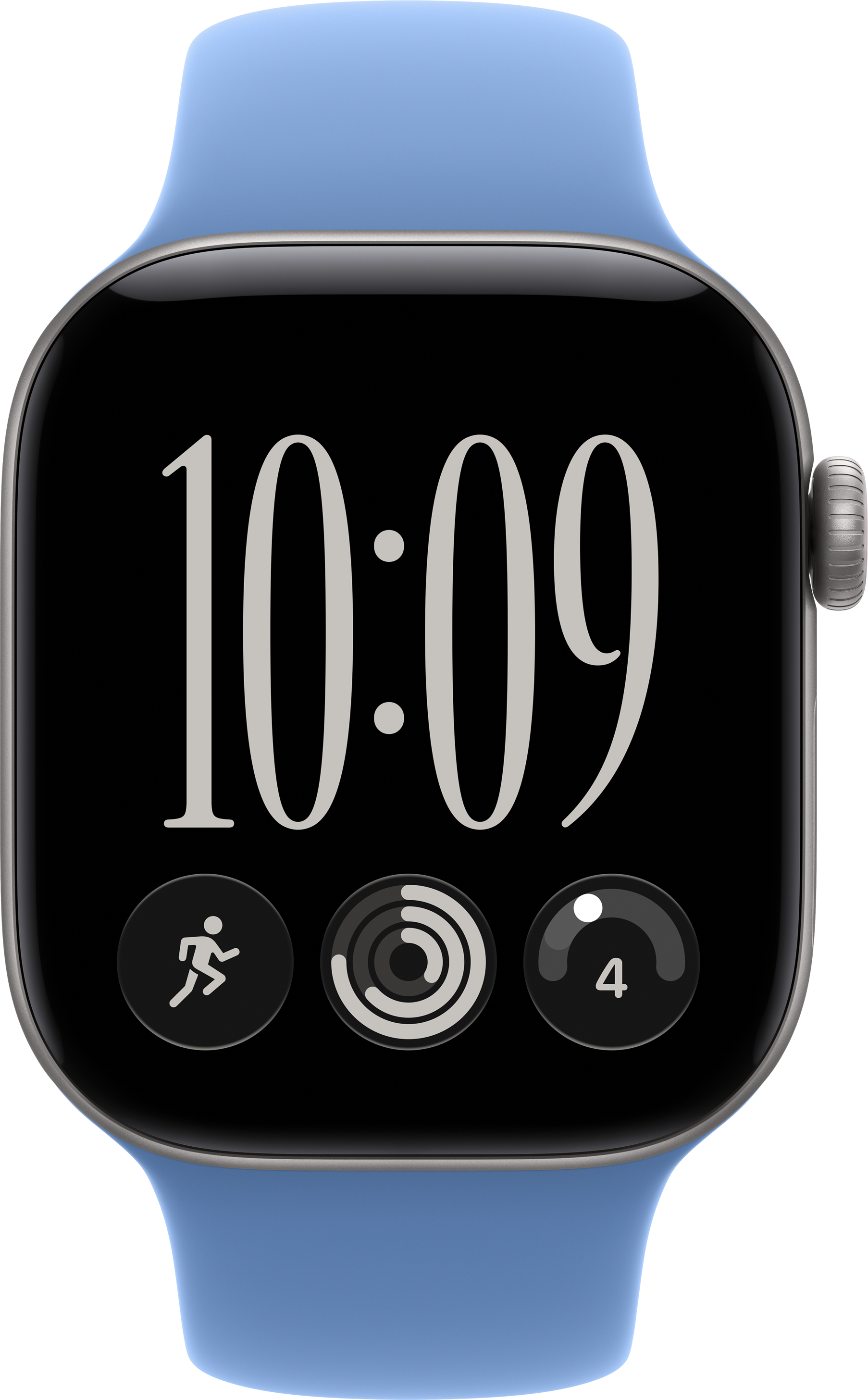 Smartwatch mit blauem Armband und schwarzem Display zeigt die Uhrzeit 10:09 und drei App-Symbole.