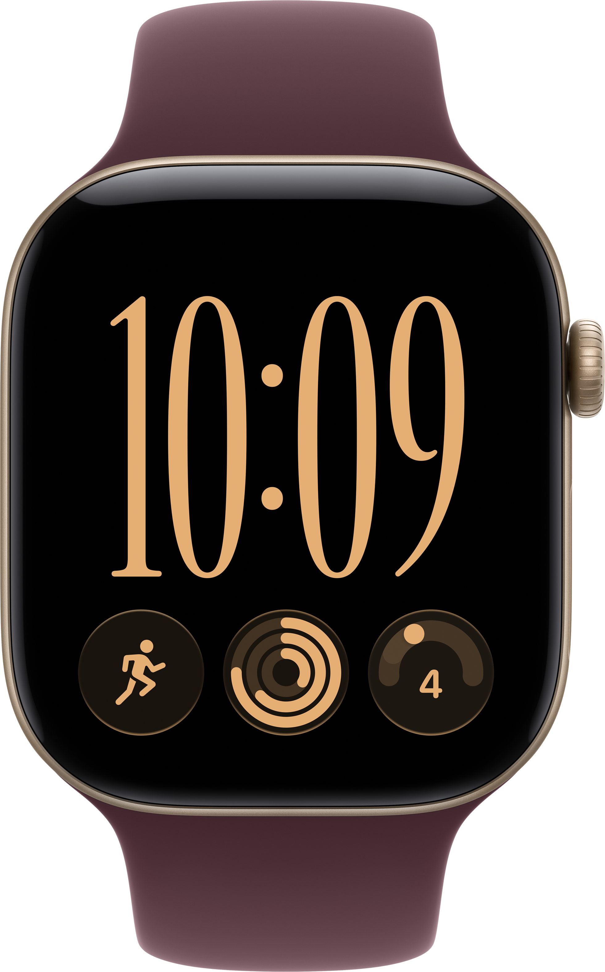 Eine Smartwatch mit Goldgehäuse, dunklem Armband und digitalem Display mit der Uhrzeit 10:09 und Aktivitätssymbolen.