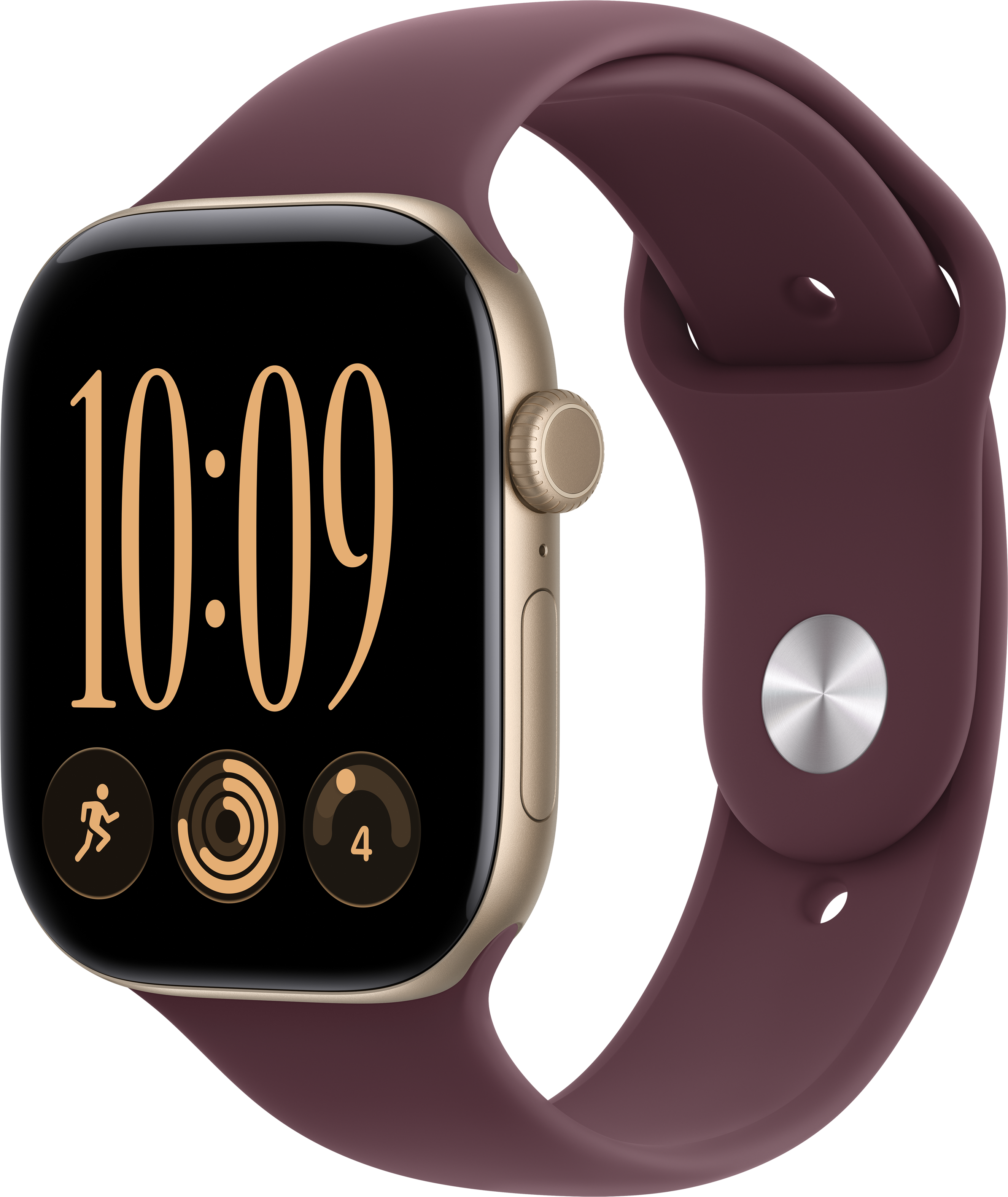Uno smartwatch oro con cinturino in silicone viola scuro e display digitale che mostra le 10:09.