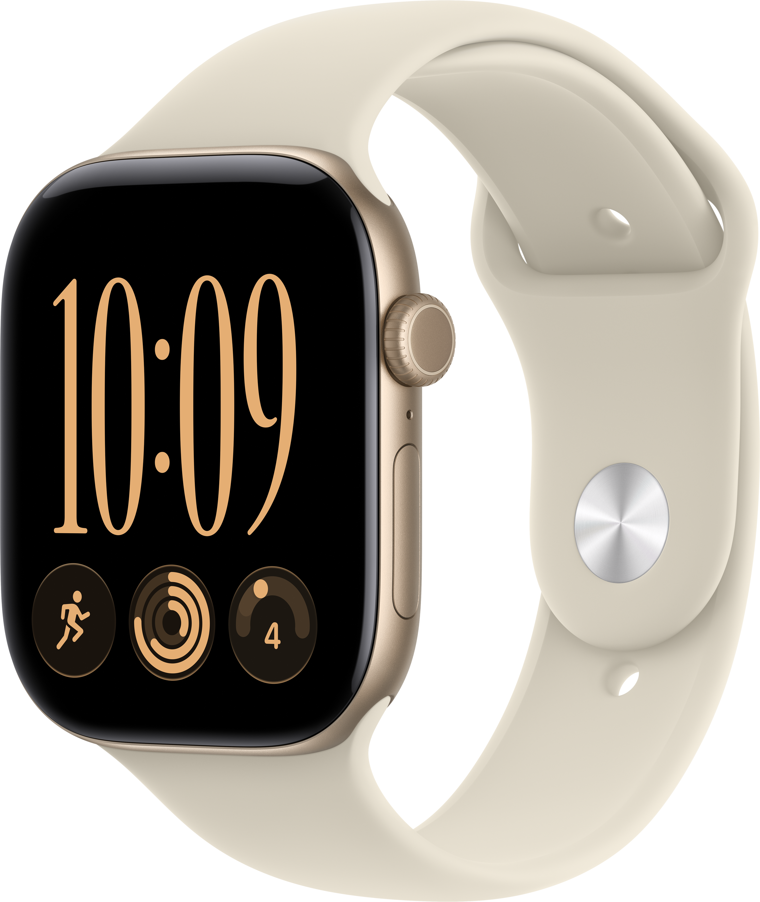 Une montre connectée dorée avec un bracelet en silicone clair affiche 10:09 et des icônes d'activité.