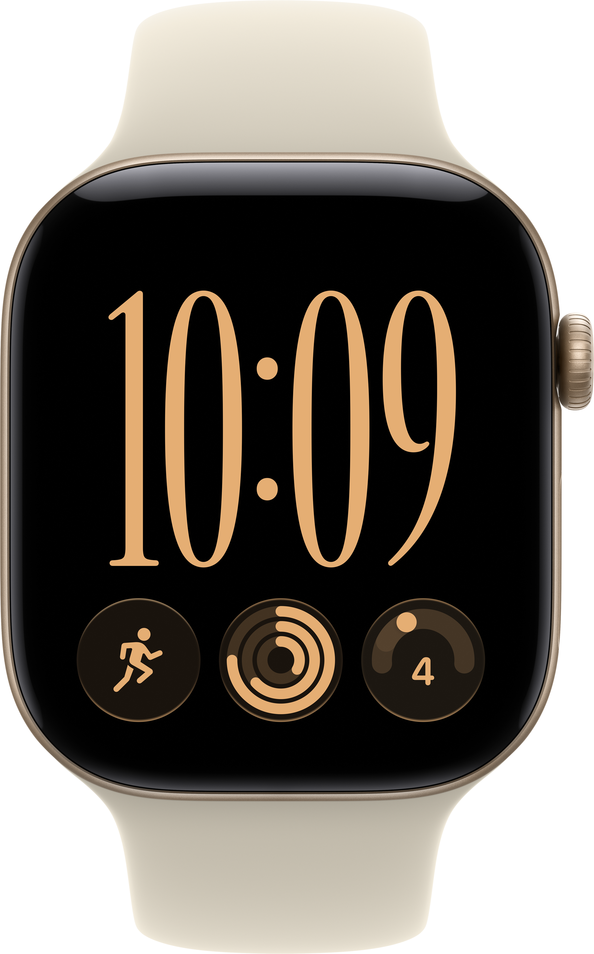 Une montre connectée à bracelet beige affiche l'heure 10:09 et trois icônes d'activité sur fond noir.