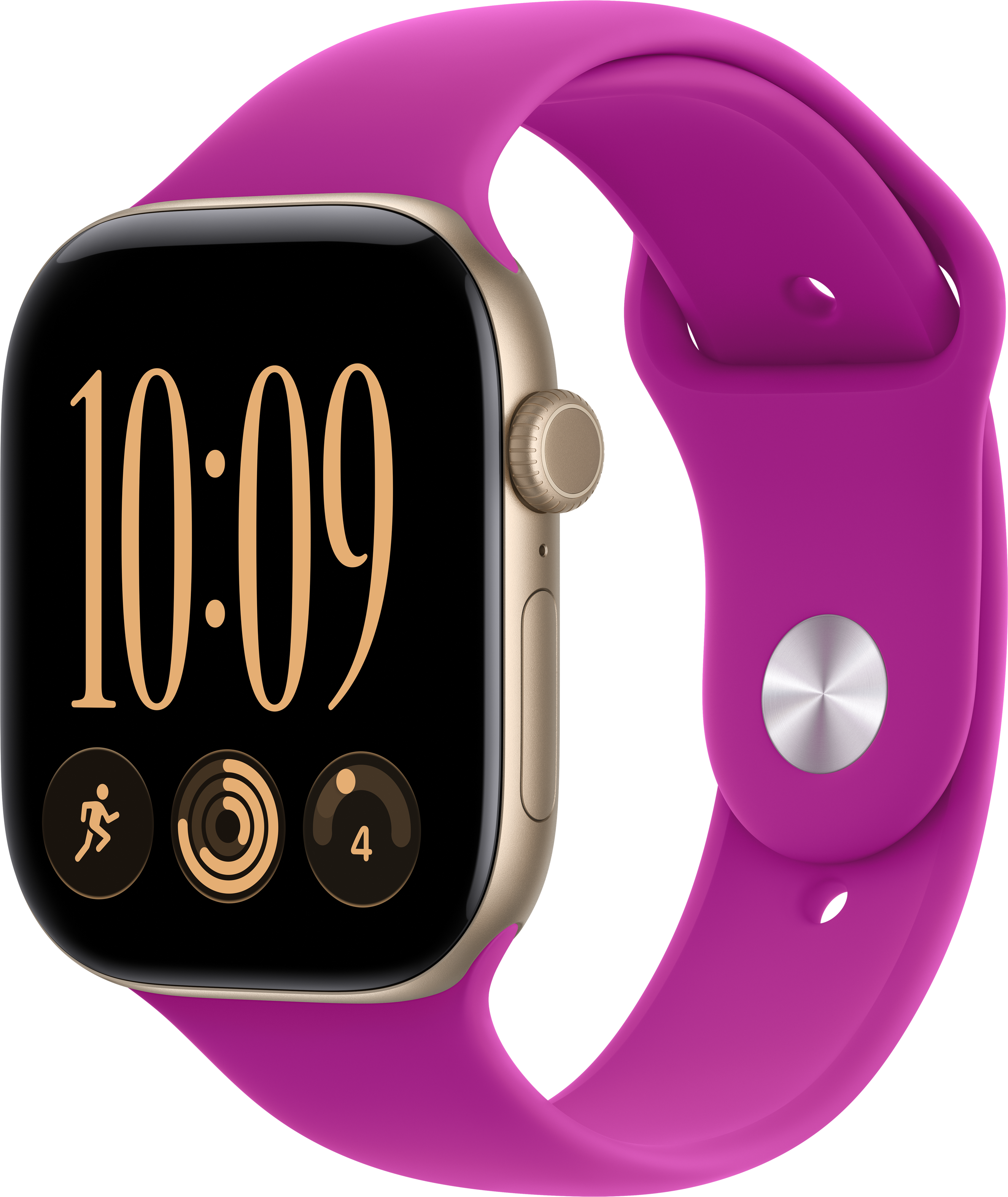 Eine Smartwatch mit goldenem Gehäuse, digitaler Anzeige und leuchtend rosa Silikonarmband vor schwarzem Hintergrund.