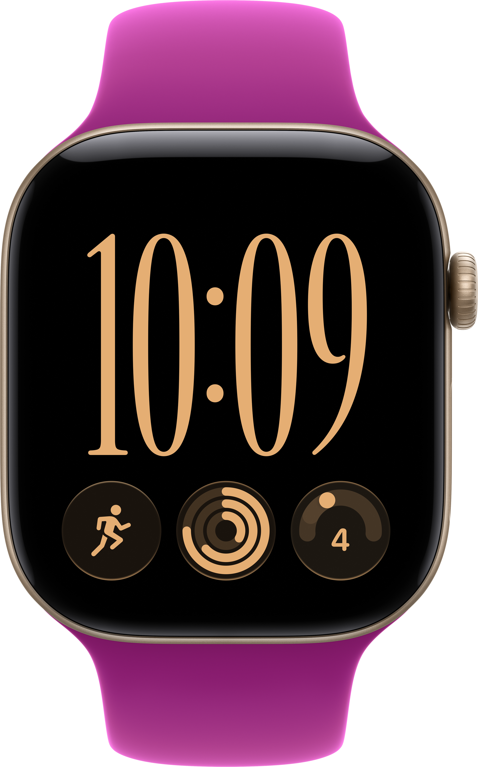Eine Smartwatch mit rosa Armband zeigt 10:09 auf dem Display und drei Fitness-Icons unten.