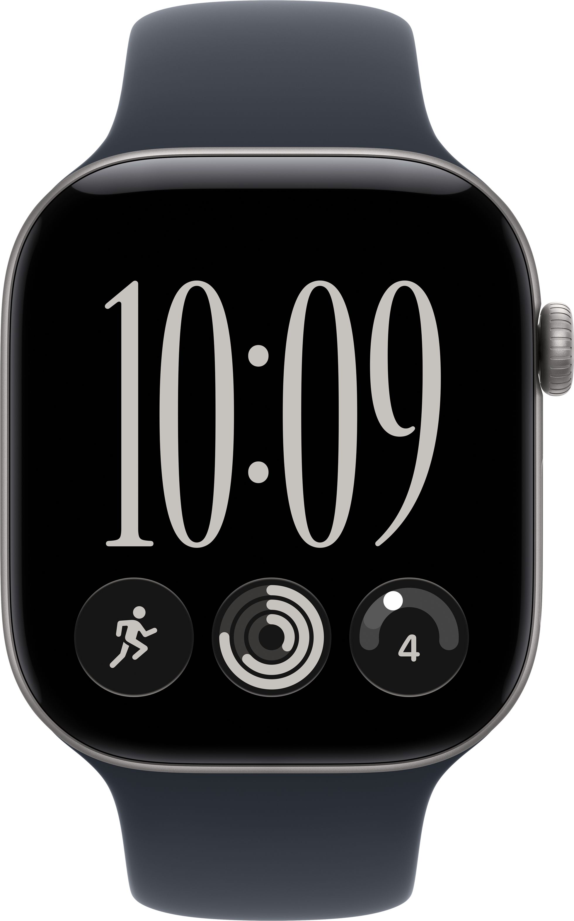 Eine schwarze Smartwatch mit der Anzeige 10:09 und drei runden Komplikationen unten.