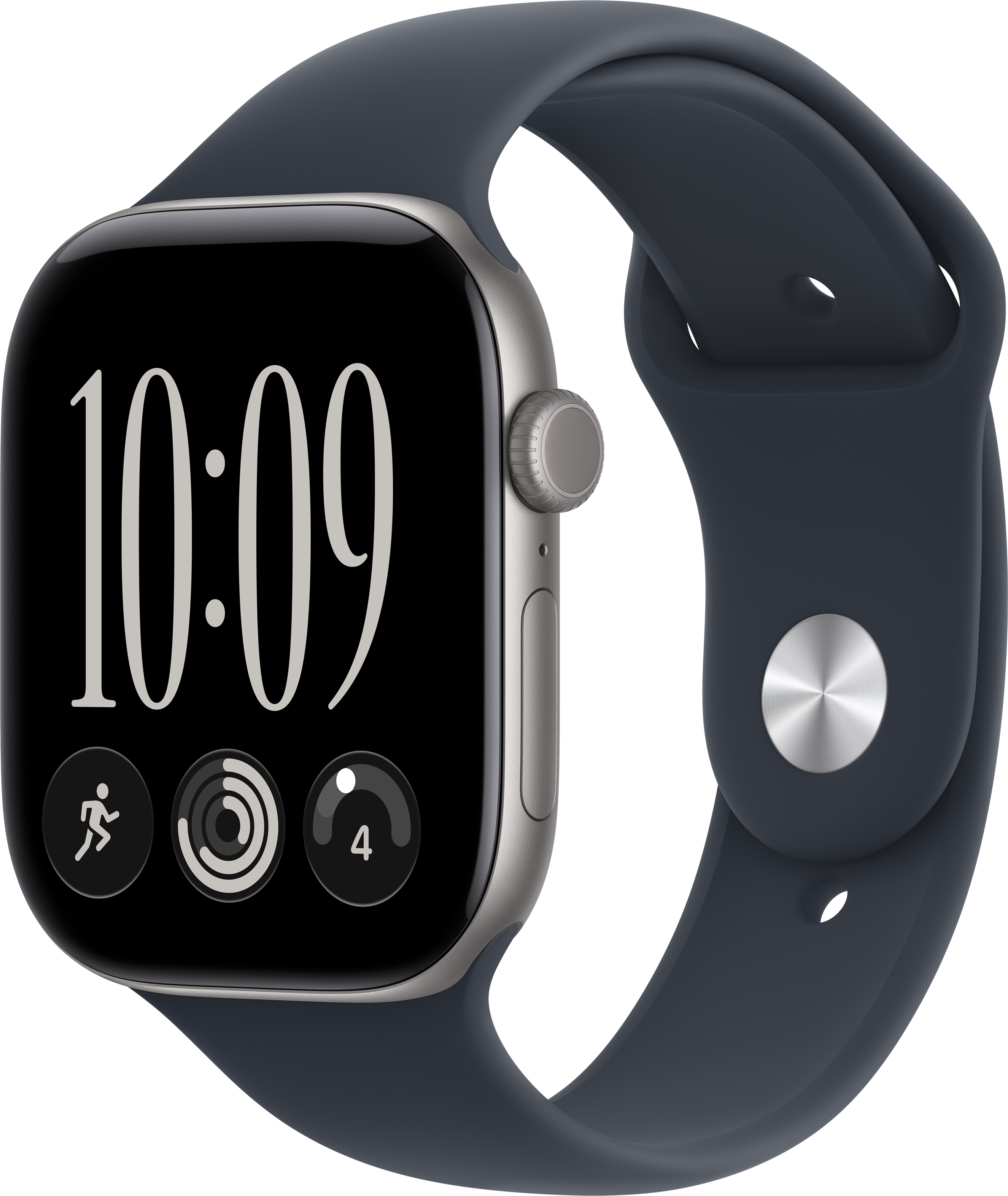 Eine graue Smartwatch mit schwarzem Armband zeigt das Datum und Apps vor schwarzem Hintergrund.