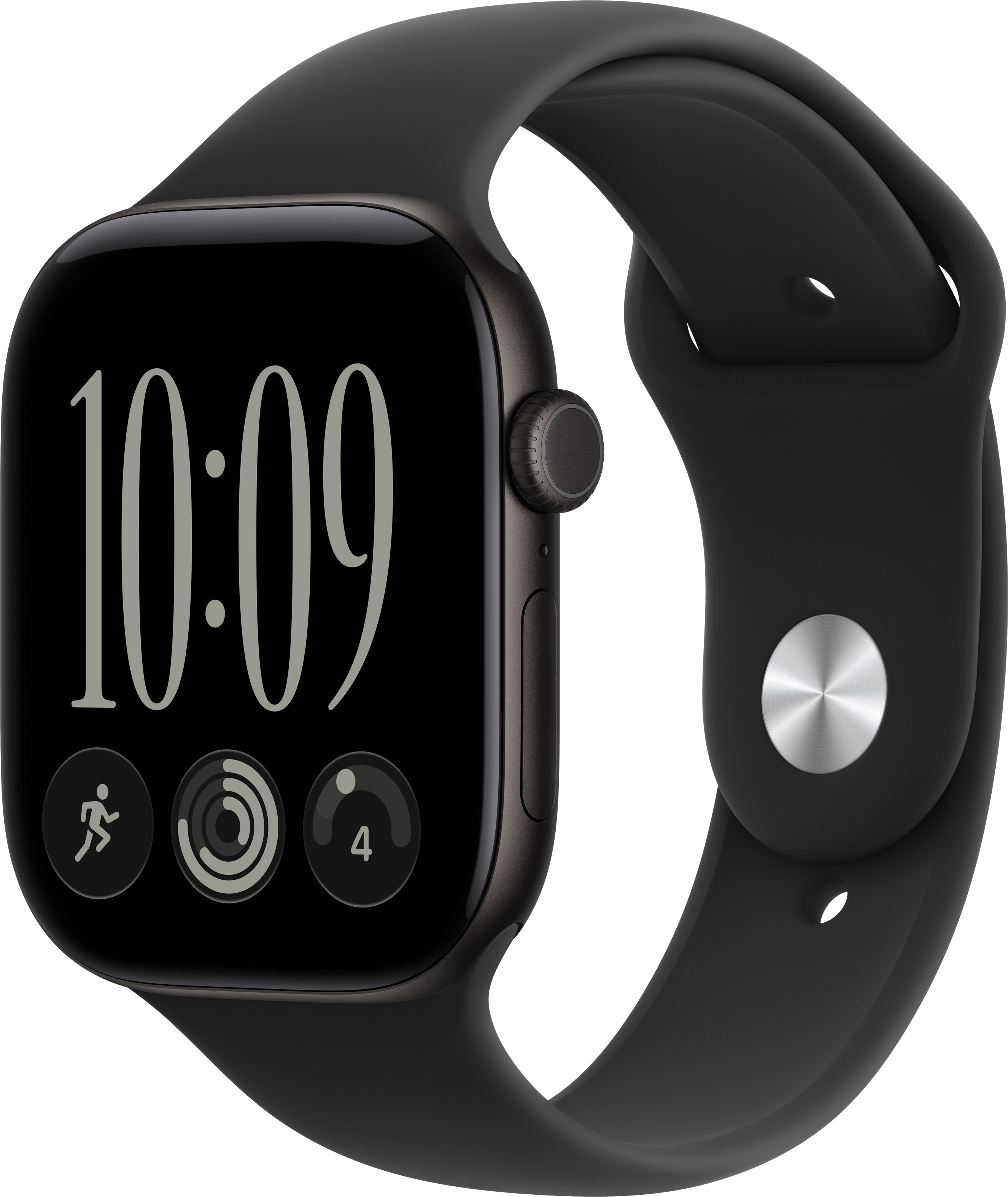 Eine schwarze Smartwatch mit Kanten und schwarzem Silikonarmband vor schwarzem Hintergrund.