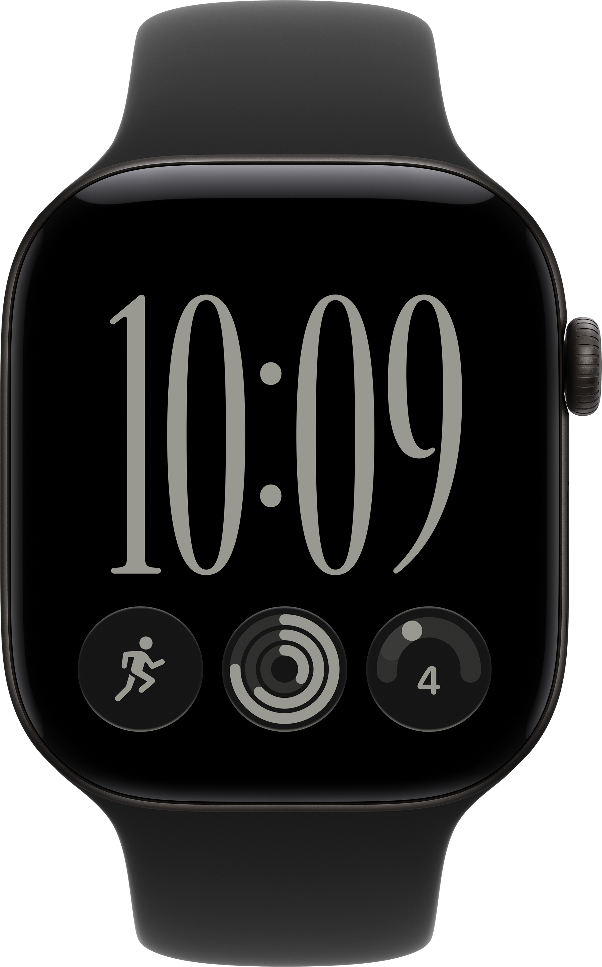 Eine schwarze Smartwatch zeigt auf dem Bildschirm die Uhrzeit 10:09 und drei Fitness-Symbole.